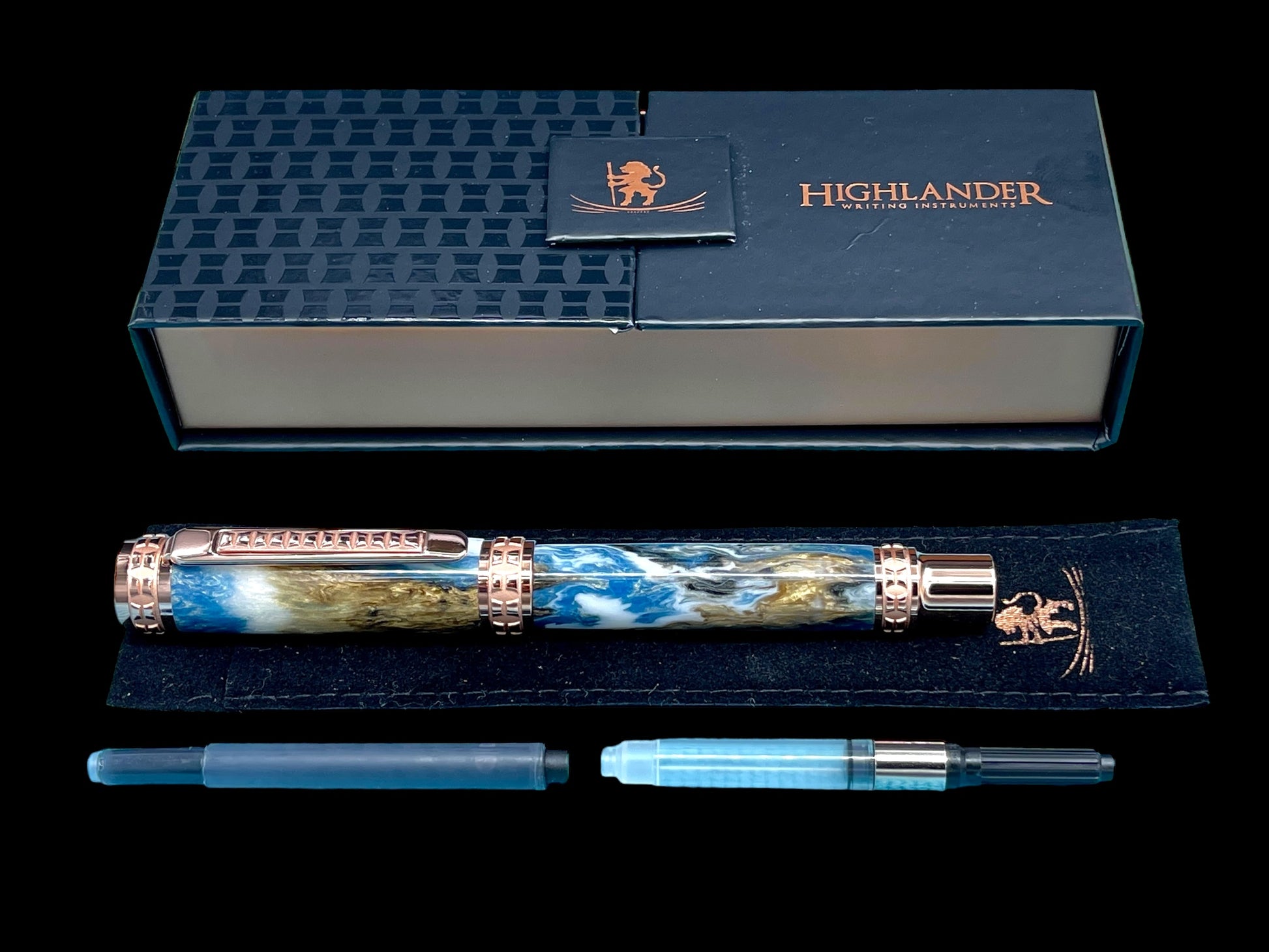 Highlander Edinburgh Luxury Rose Gold Fountain Pen, One of a Kind, Handcrafted in CO. Ink, Converter, Pen Sleeve, & Box Included. [ML-FP-1004-01] - HighlanderPen