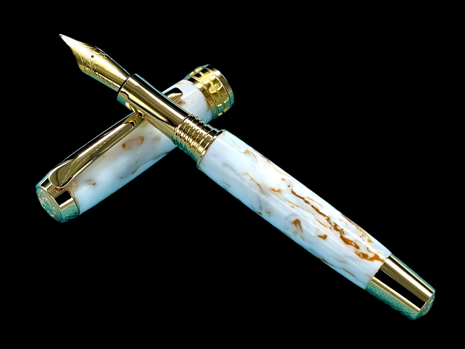 Elegant “Ivory and Gold” Handcrafted Luxury Gold Fountain Pen, One of a Kind, Handmade in Colorado. Ink, Converter, Sleeve, & Box Included. - HighlanderPen