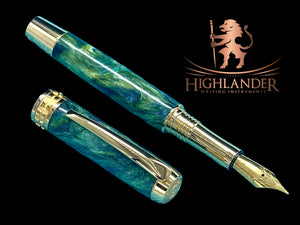 Elegant “Peacock” Handcrafted Luxury Gold Fountain Pen, One of a Kind, Handmade in Colorado. Ink, Converter, Sleeve, and Box Included. - HighlanderPen