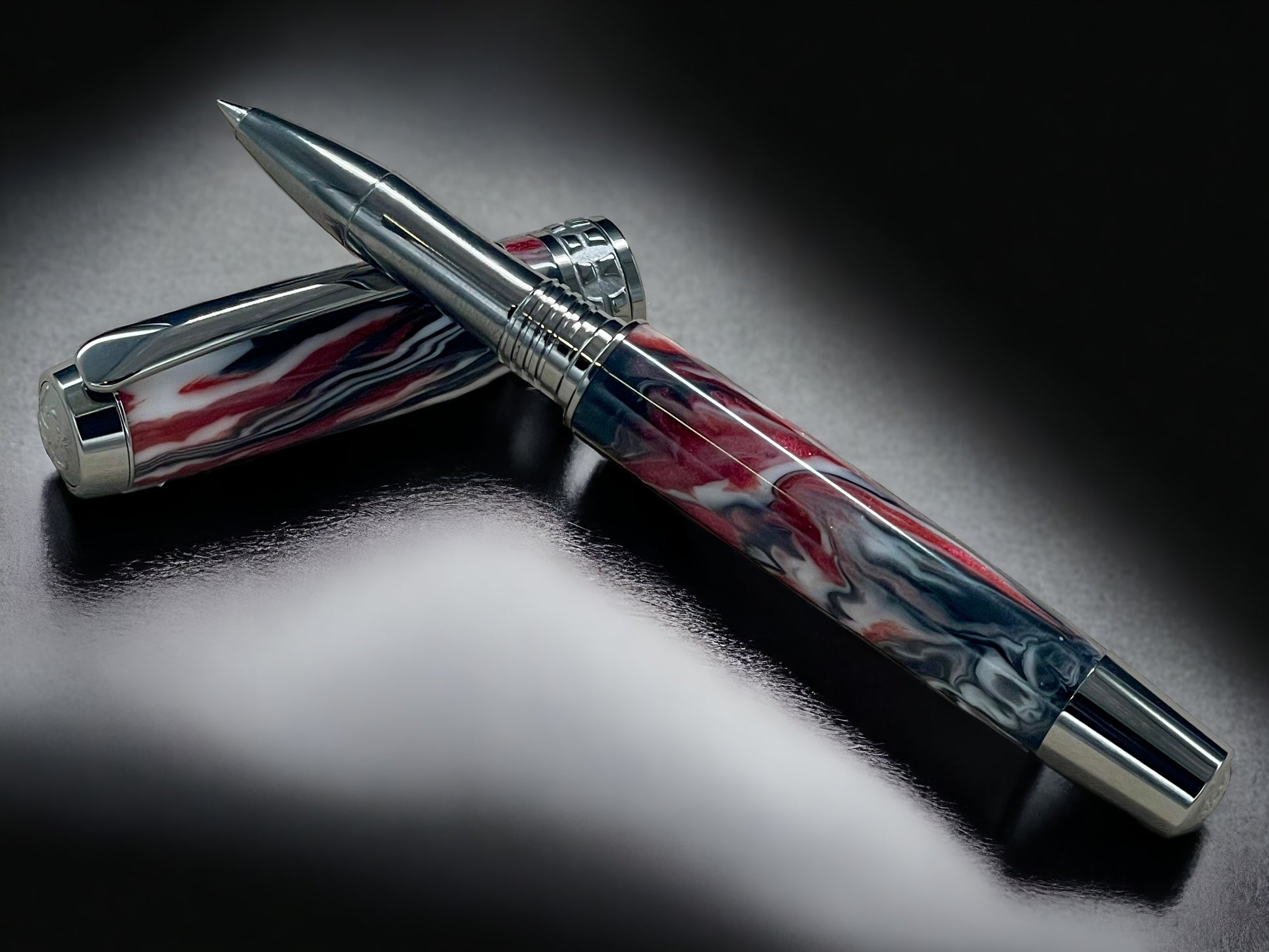 Red Swirl, One of a Kind, Handmade Custom Black Titanium Rollerball Pen. Artisan Rare & Unique, Completely Handcrafted in Colorado, USA. - HighlanderPen