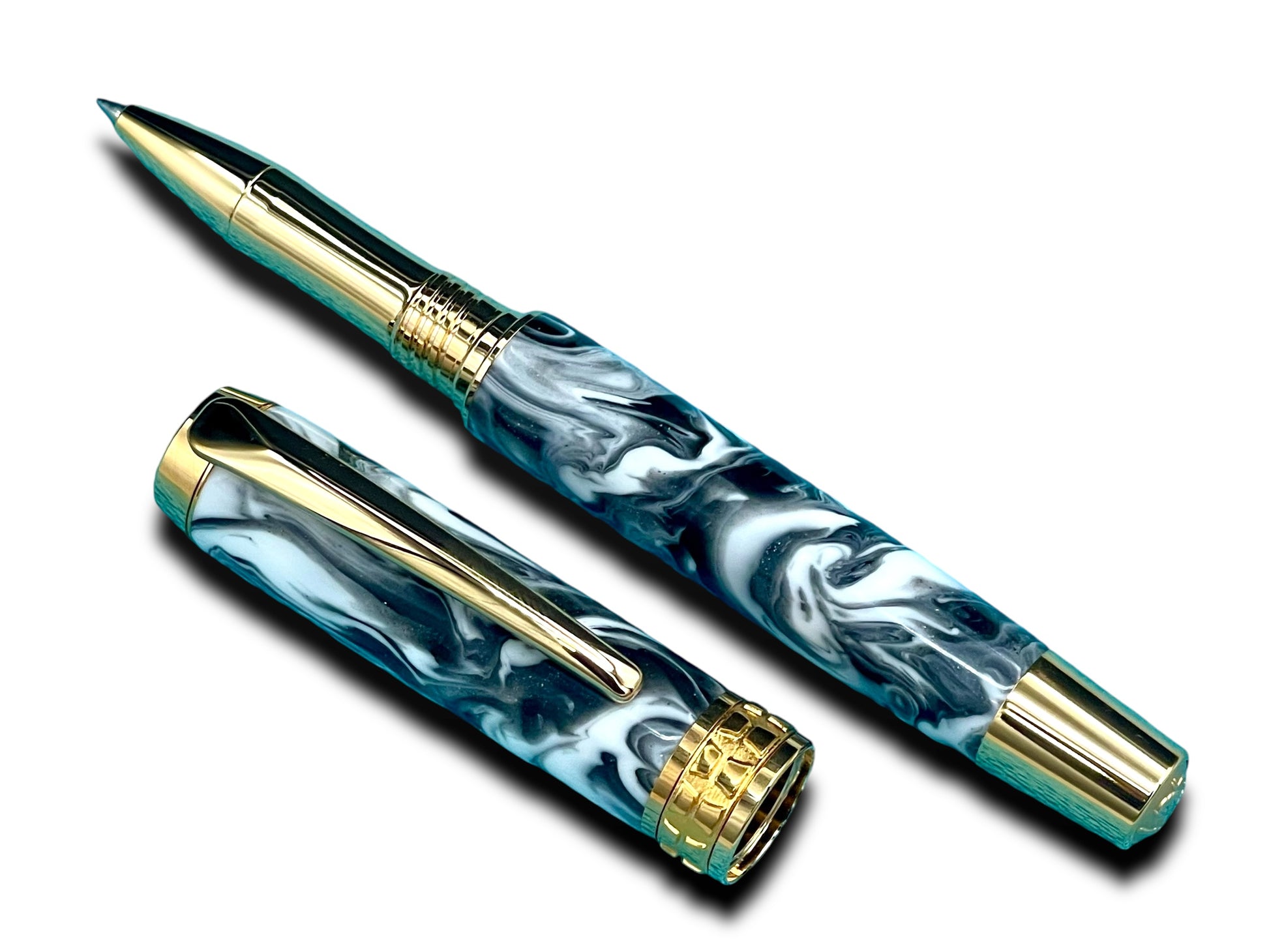 Timeless “Imperial Black” Handcrafted Gold Rollerball Pen, One of a Kind, Handmade in Colorado. Ink, Velvet Sleeve, and Pen Box Included. - HighlanderPen