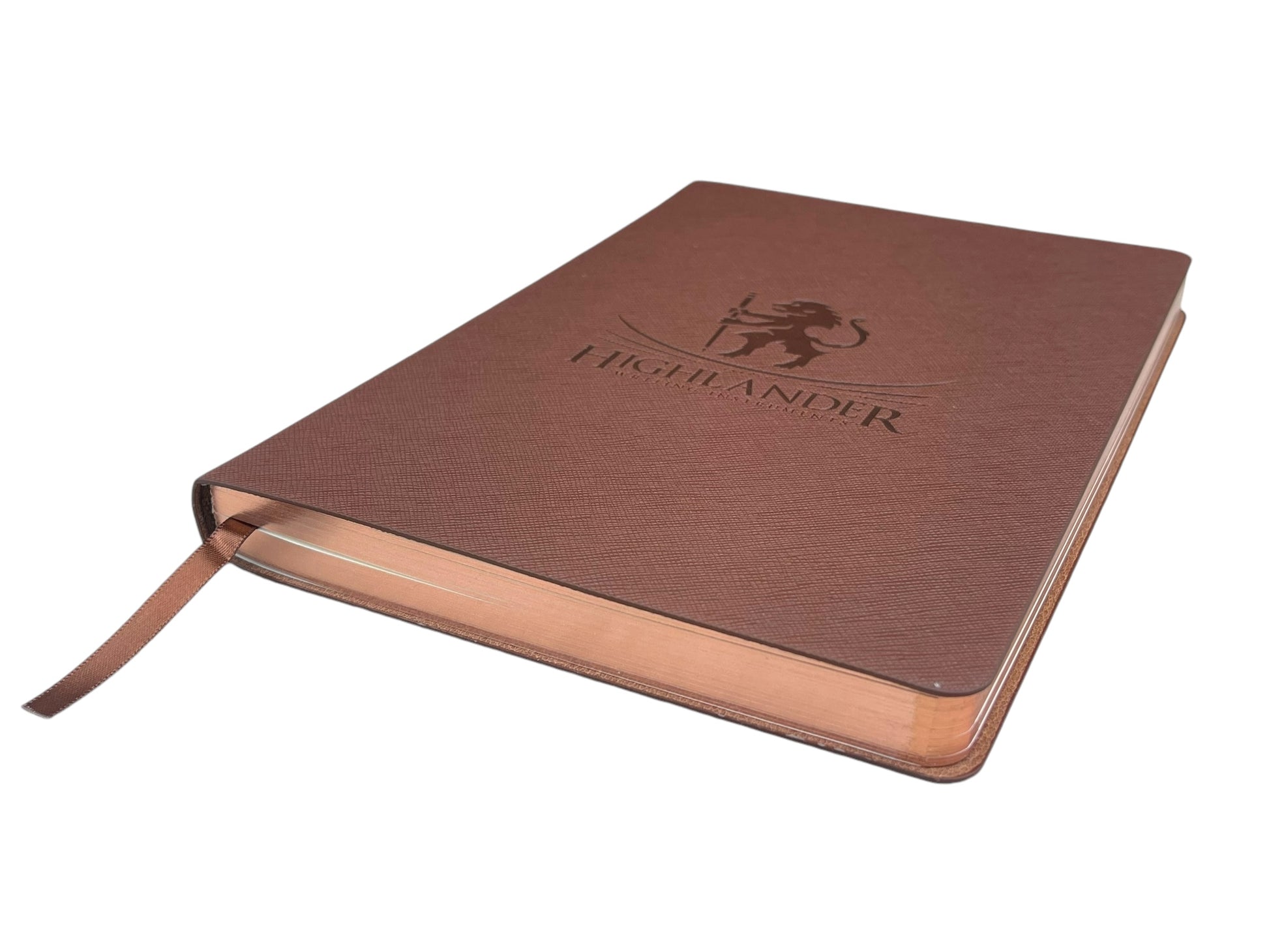 Medium Dark Brown Saffiano PU Leather Journal, 8 1/4” X 5 3/4”, 120 GSM, Rose Gold Gilded Edges, Satin Ribbon, 25 Lines/Page, 192 Pages, In Box. - HighlanderPen