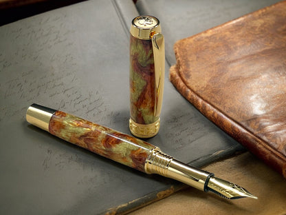 Striking “Blood Orange & Gold" Gold Rollerball Pen, Artisan Handcrafted Writing Instrument. Handmade Custom in Colorado. One of a Kind. - HighlanderPen