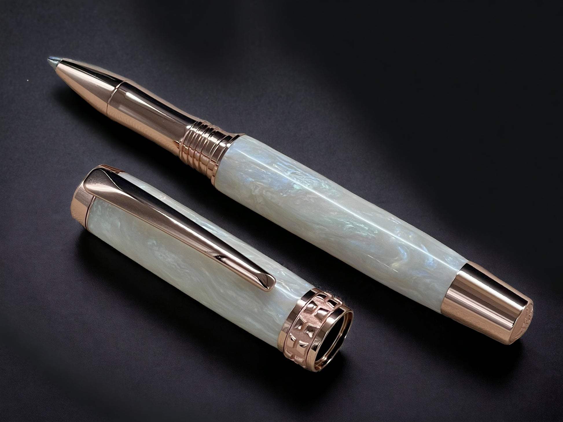 “Pearly Opal”, One of a Kind, Rose Gold, Handmade Custom Acrylic Rollerball Pen. Artisan Rare & Unique, Completely Handcrafted  in Co, US - HighlanderPen