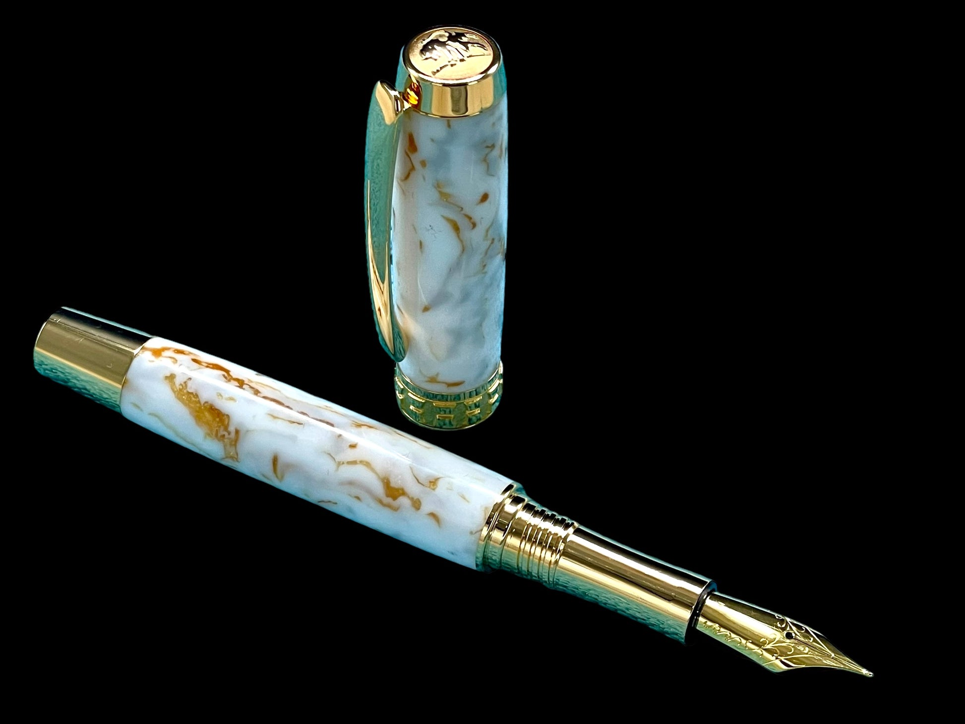 Elegant “Ivory and Gold” Handcrafted Luxury Gold Fountain Pen, One of a Kind, Handmade in Colorado. Ink, Converter, Sleeve, & Box Included. - HighlanderPen