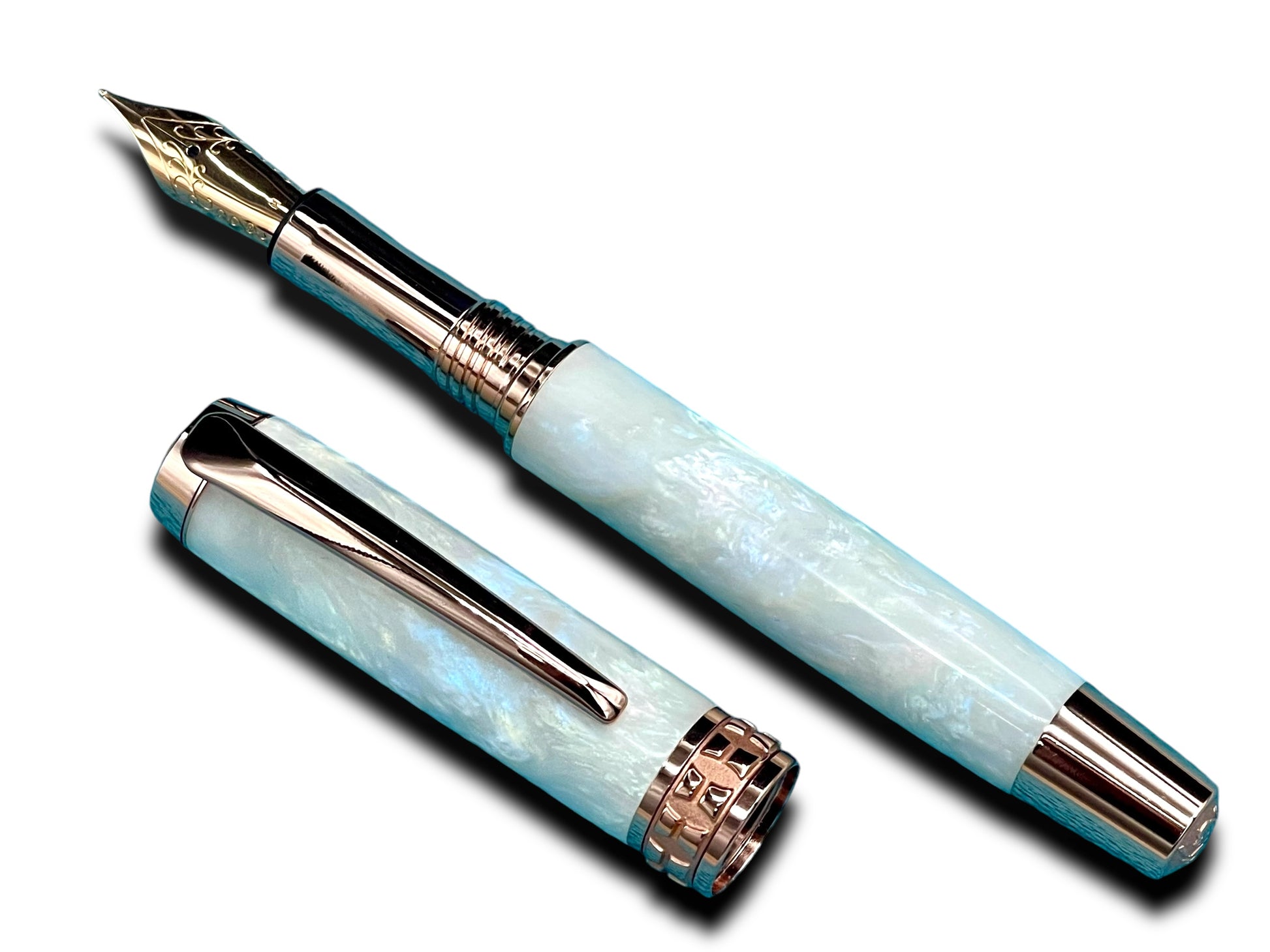 Elegant “Pearly Opal Acrylic” Rose Gold Fountain Pen, One of a Kind, Handmade in Colorado. Ink, Converter, Pen Sleeve & Box Included. - HighlanderPen