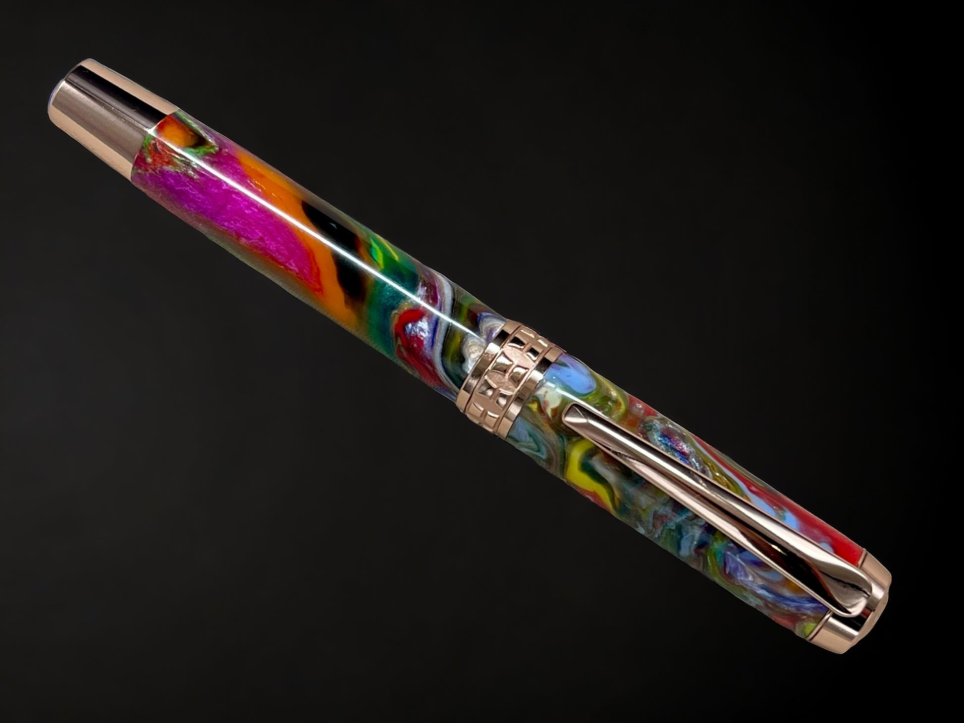 Rose Gold Rollerball Pen, Artisan Handcrafted Writing Instrument. Handmade with Custom Hardware in CO. One of a Kind. "Crazy Colors" - HighlanderPen