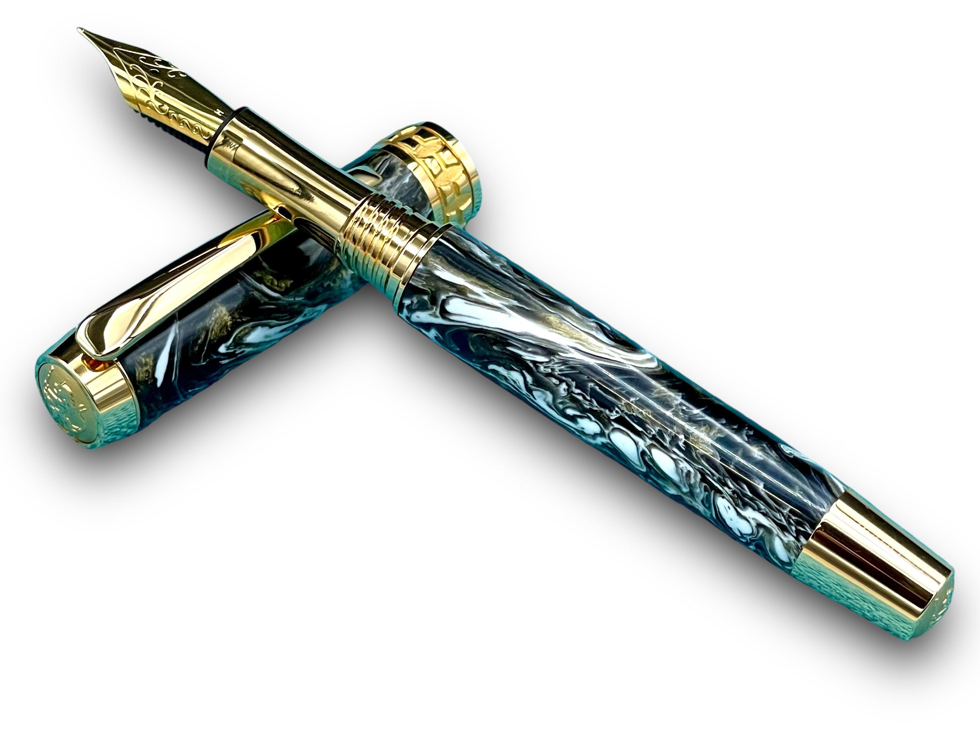 Elegant “Black and Gold” Handcrafted Luxury Gold Fountain Pen, One of a Kind, Handmade in Colorado. Ink, Converter, Sleeve, & Box Included. - HighlanderPen