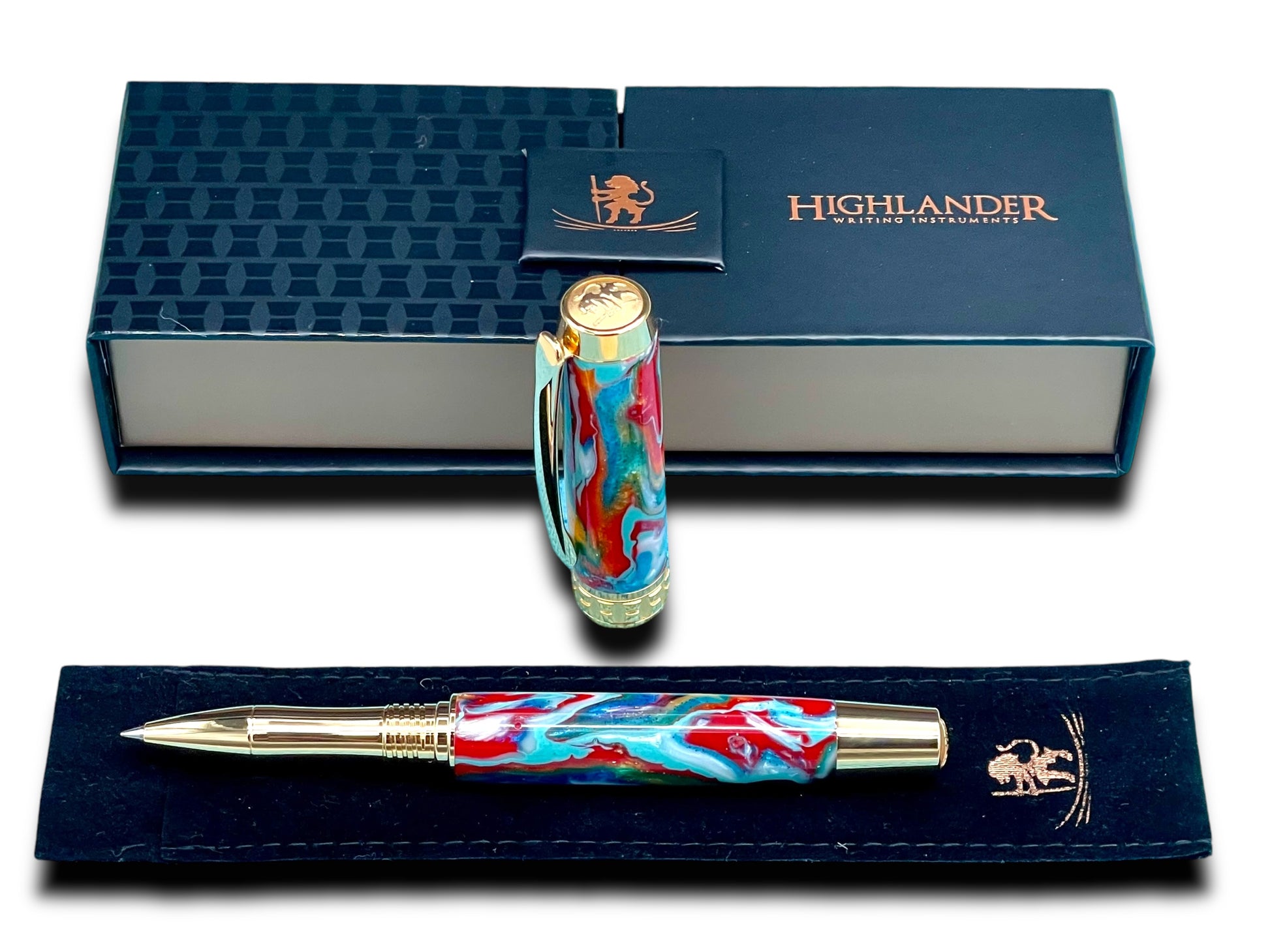 Whimsical “Color Explosion” Handcrafted Gold Rollerball Pen, One of a Kind, Handmade in Colorado. Ink, Velvet Sleeve, and Pen Box Included. - HighlanderPen