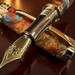 Close-up of red gold trim and dragon-inspired resin body