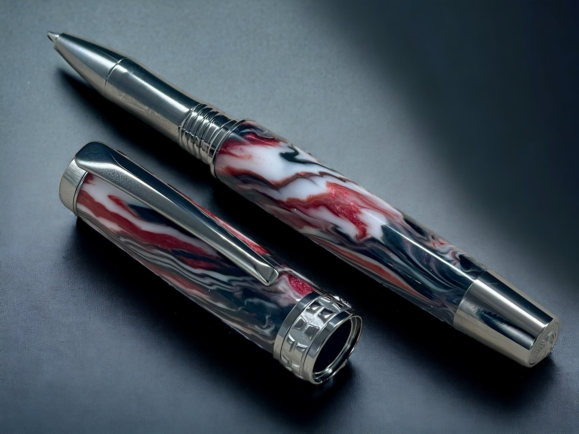 Red Swirl, One of a Kind, Handmade Custom Black Titanium Rollerball Pen. Artisan Rare & Unique, Completely Handcrafted in Colorado, USA. - HighlanderPen