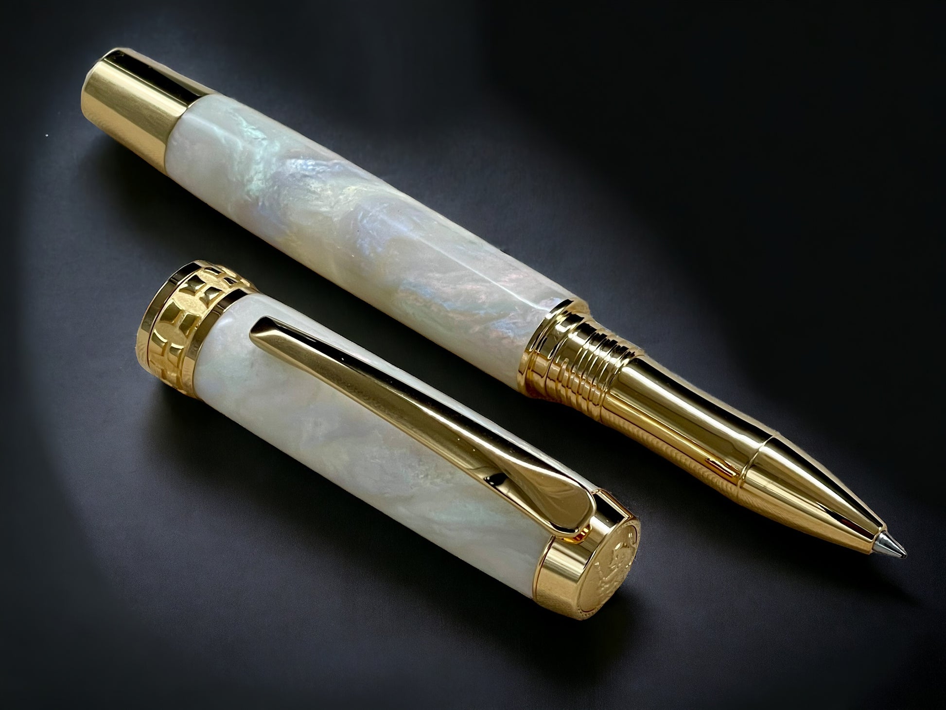 “Pearly Opal”, One of a Kind Gold SKYE, Handmade Custom Acrylic Rollerball Pen. Artisan Rare & Unique, Completely Handcrafted  in Co, USA - HighlanderPen