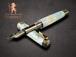 Black Titanium “Sapphire Opal” Handcrafted Highlander Fountain Pen. One of a Kind.