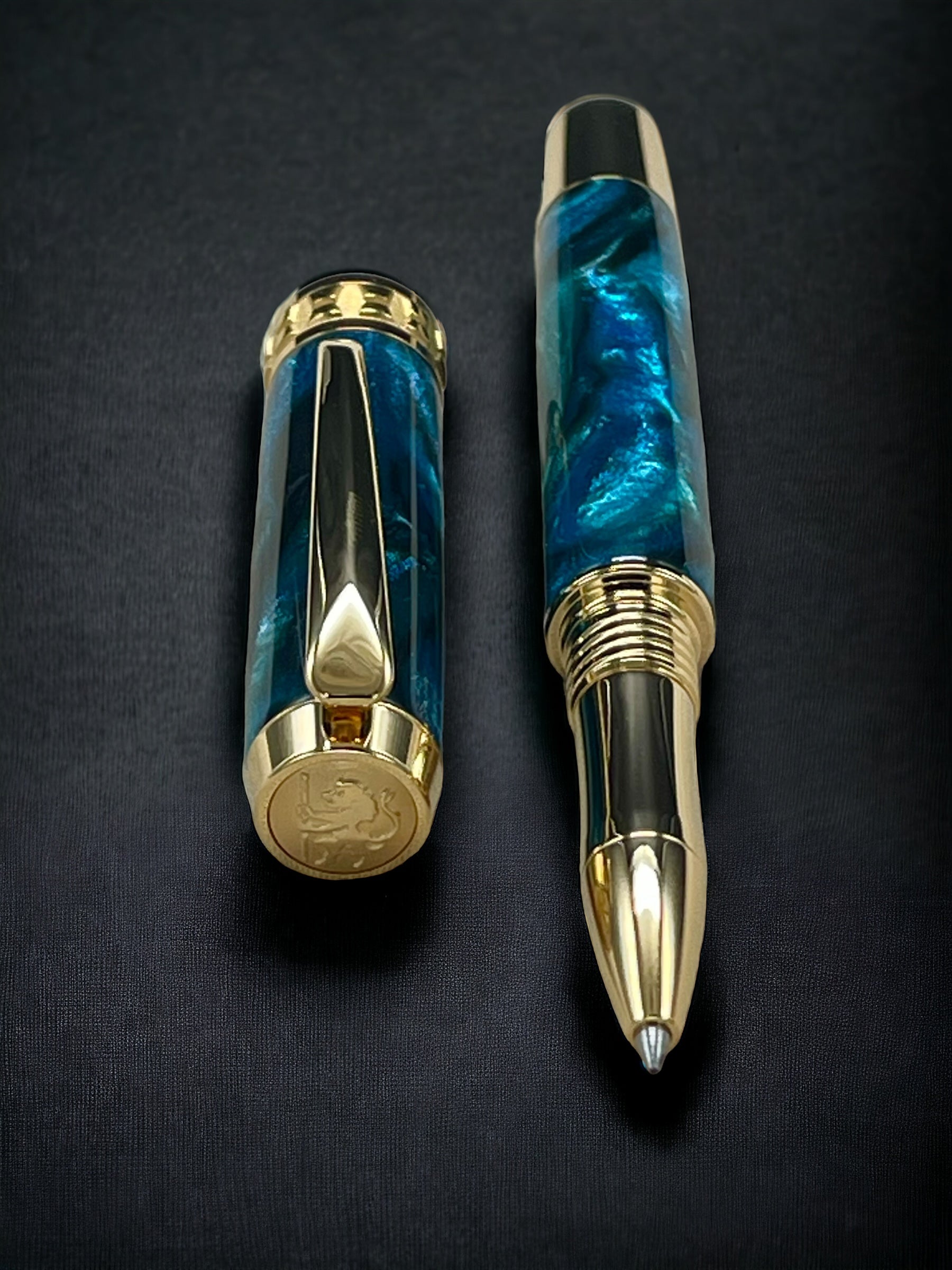 Gold Rollerball Pen, Artisan Handcrafted Writing Instrument. Handmade with Custom Hardware in Colorado. One of a Kind. “Deep Teal” - HighlanderPen