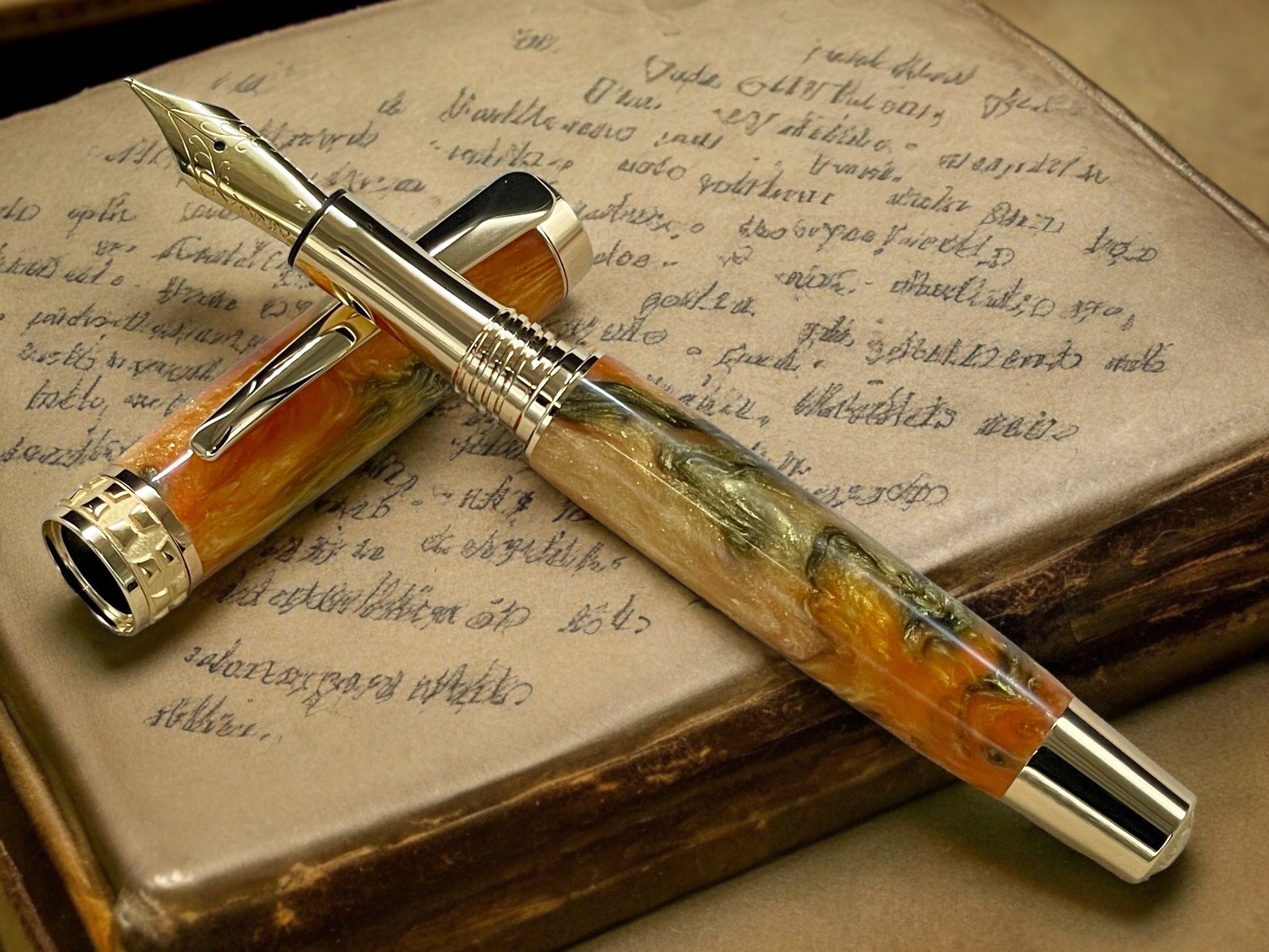 Striking “Orange Gold Swirl” Gold Fountain Pen, Artisan Handcrafted Writing Instrument. Simple to Use. Handmade with Custom Hardware in CO. - HighlanderPen