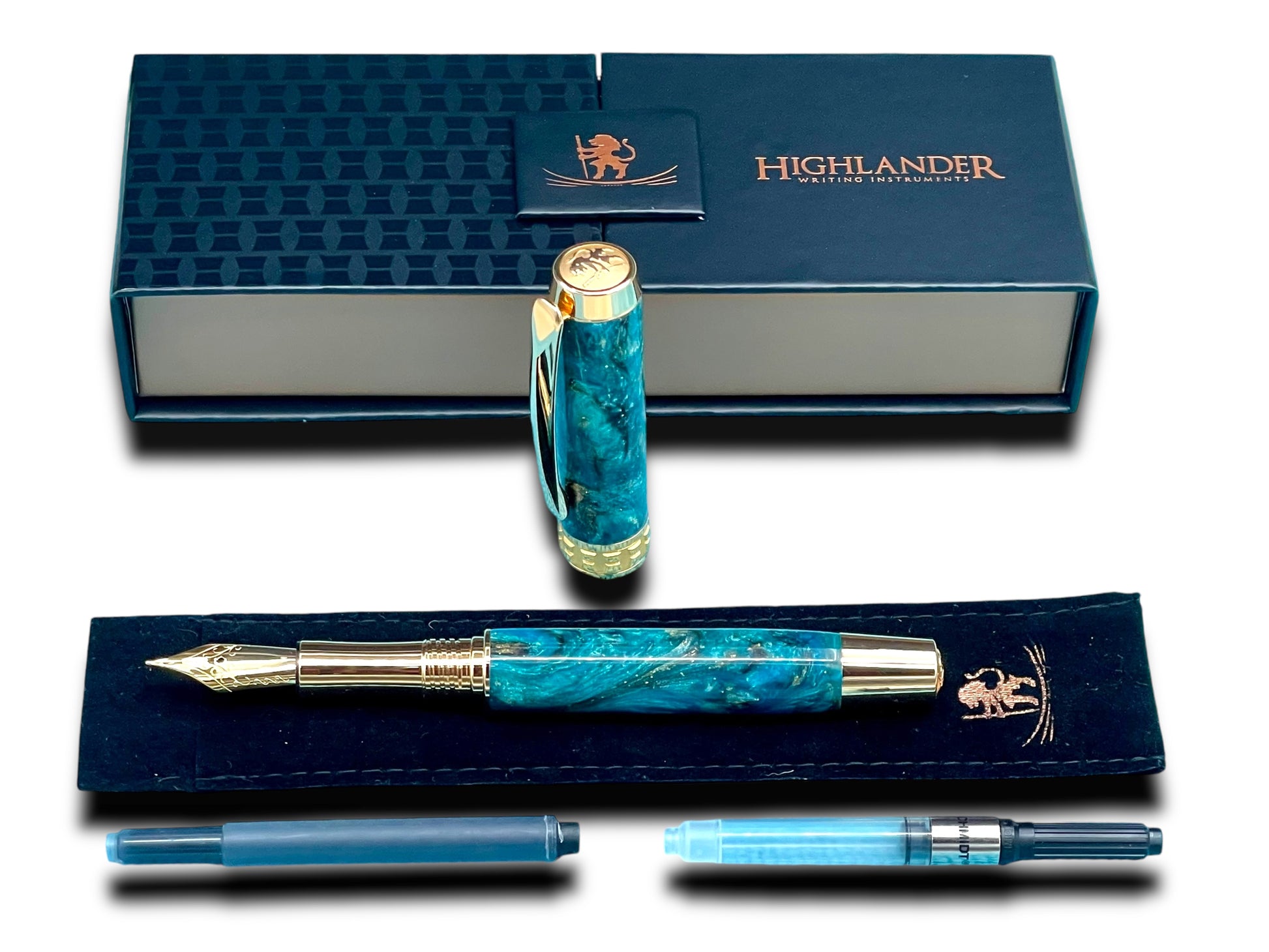 Elegant “Teal/Black/Gold” Handcrafted Luxury Gold Fountain Pen, One of a Kind, Handmade in Colorado. Ink, Converter, Sleeve, & Box Included. - HighlanderPen