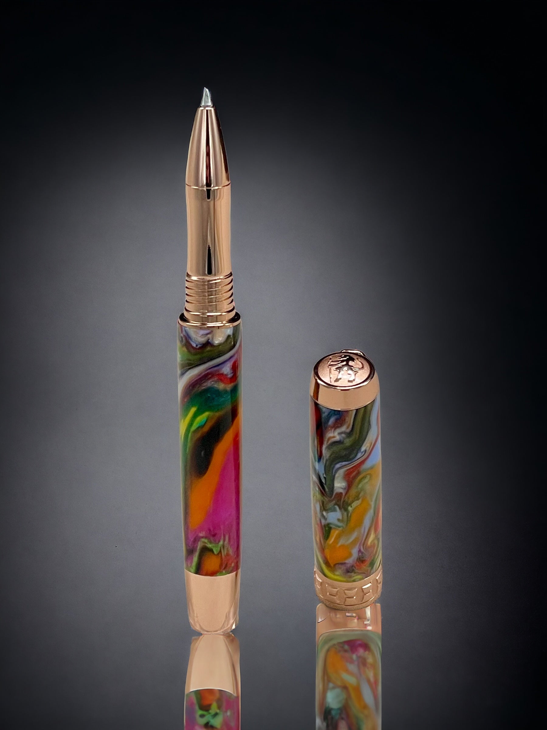 Rose Gold Rollerball Pen, Artisan Handcrafted Writing Instrument. Handmade with Custom Hardware in CO. One of a Kind. "Crazy Colors" - HighlanderPen