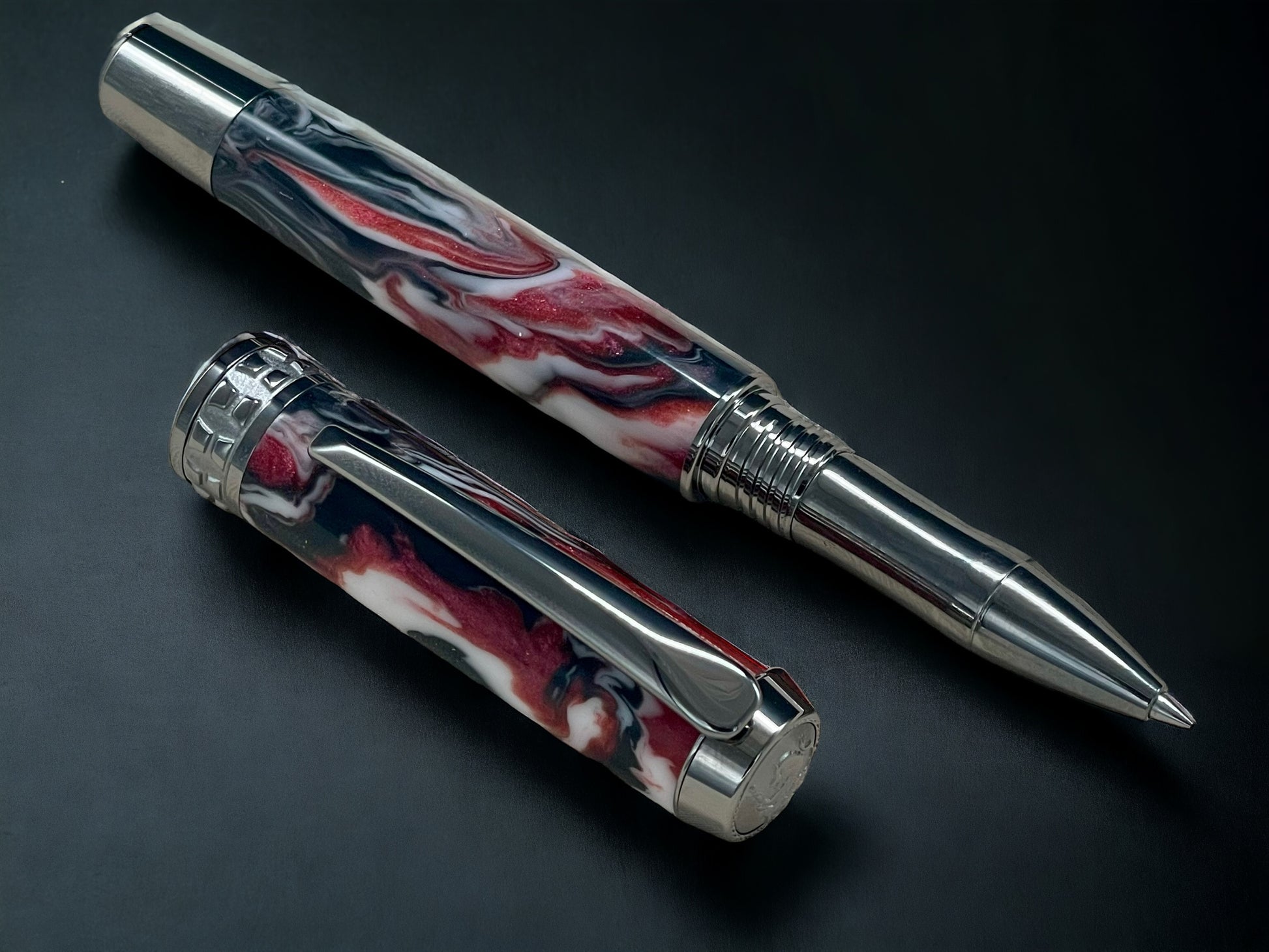 Red Swirl, One of a Kind, Handmade Custom Black Titanium Rollerball Pen. Artisan Rare & Unique, Completely Handcrafted in Colorado, USA. - HighlanderPen