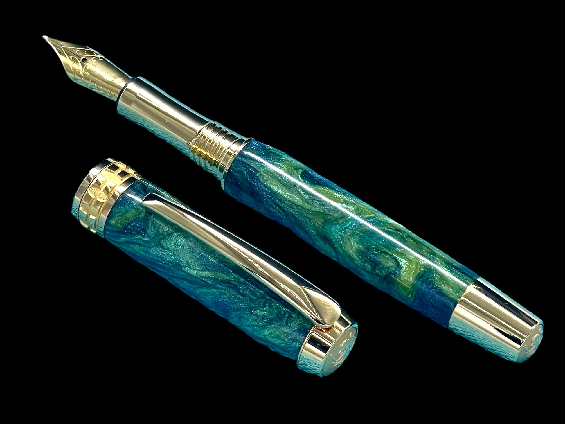 Elegant “Peacock” Handcrafted Luxury Gold Fountain Pen, One of a Kind, Handmade in Colorado. Ink, Converter, Sleeve, and Box Included. - HighlanderPen