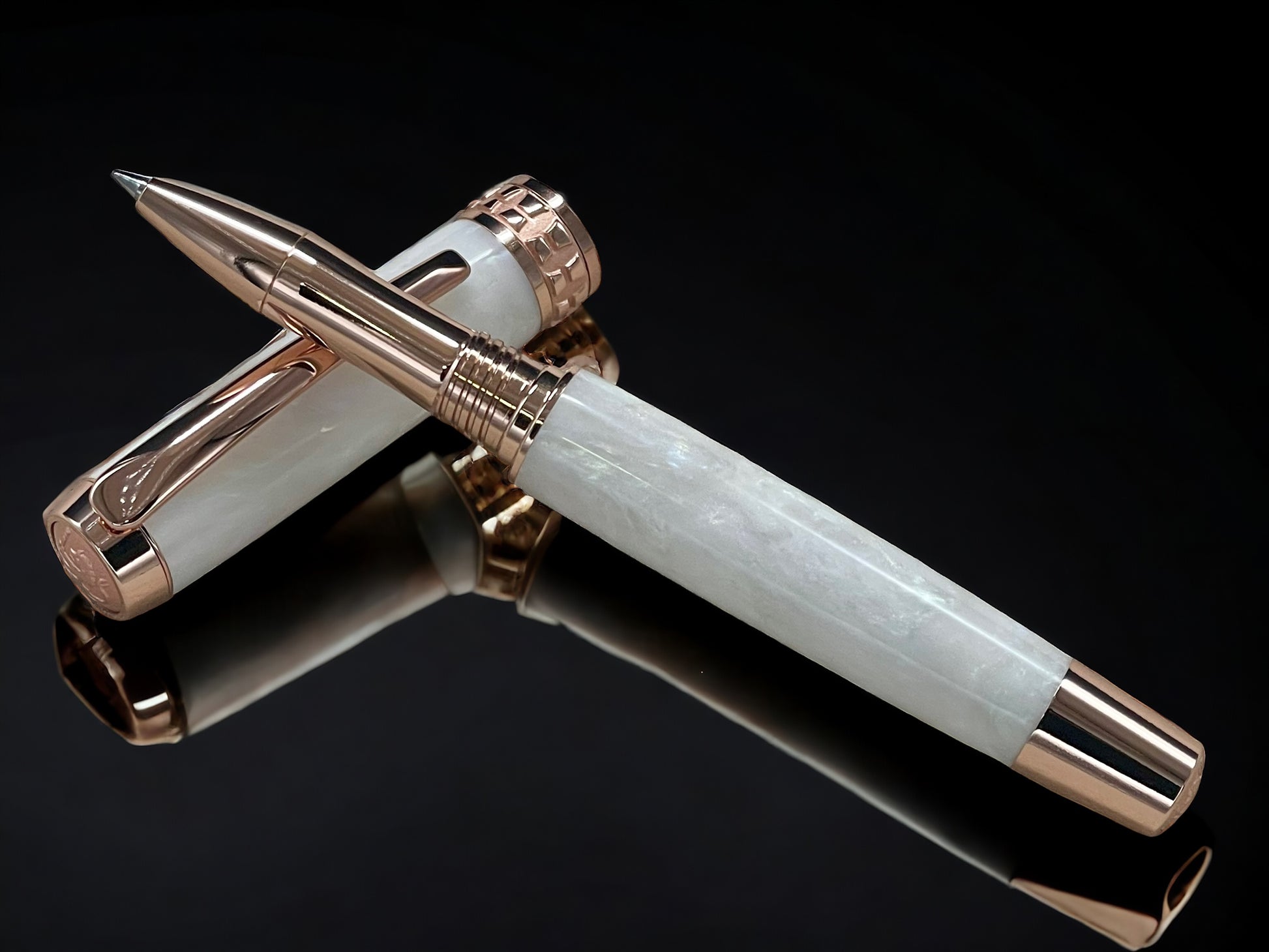 “Pearly Opal Acrylic” One of a Kind Rose Gold, Handmade Custom Rollerball Pen. Artisan Rare & Unique, Completely Handcrafted  in Co, USA - HighlanderPen