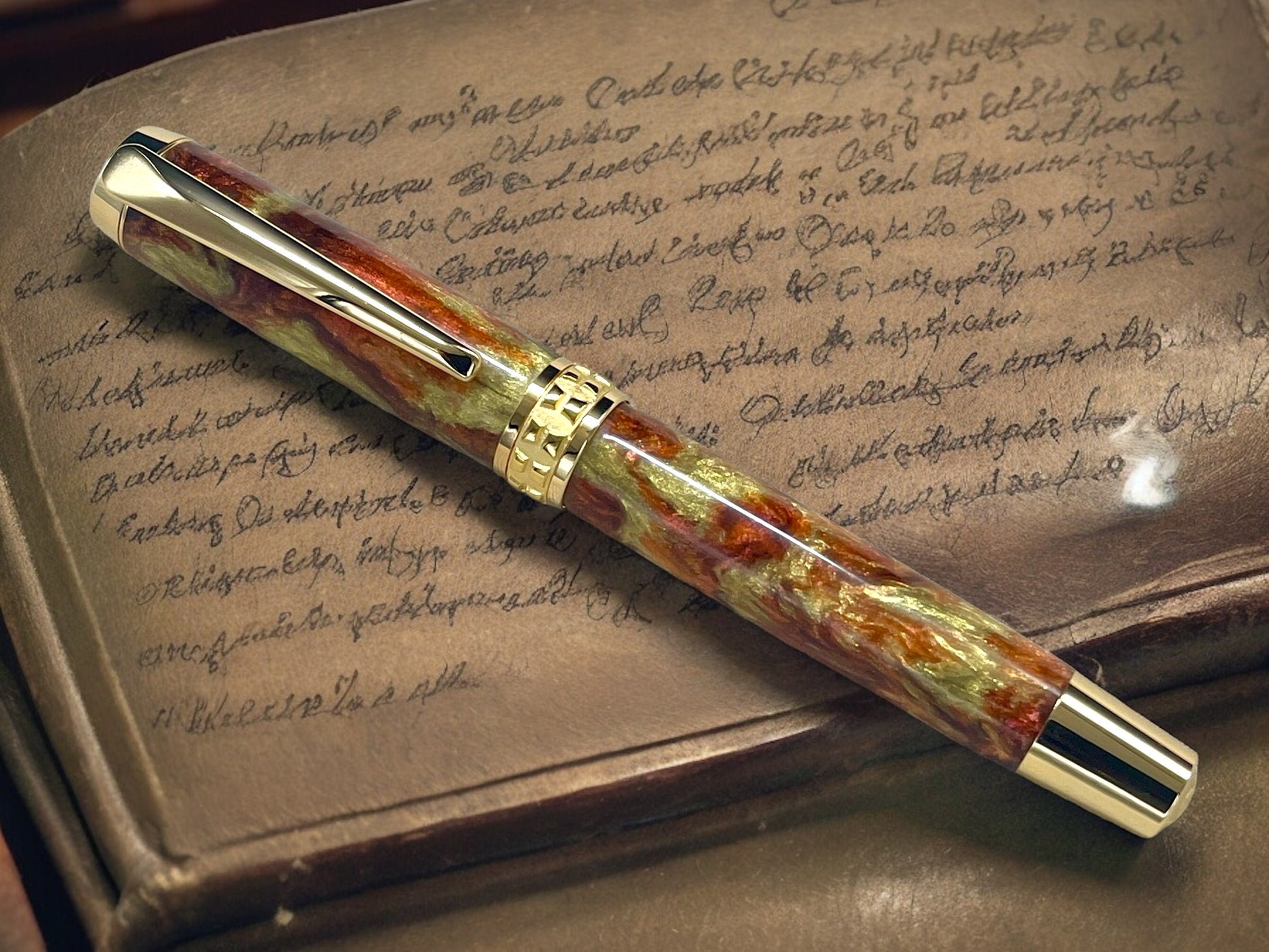 Striking “Blood Orange & Gold" Gold Rollerball Pen, Artisan Handcrafted Writing Instrument. Handmade Custom in Colorado. One of a Kind. - HighlanderPen