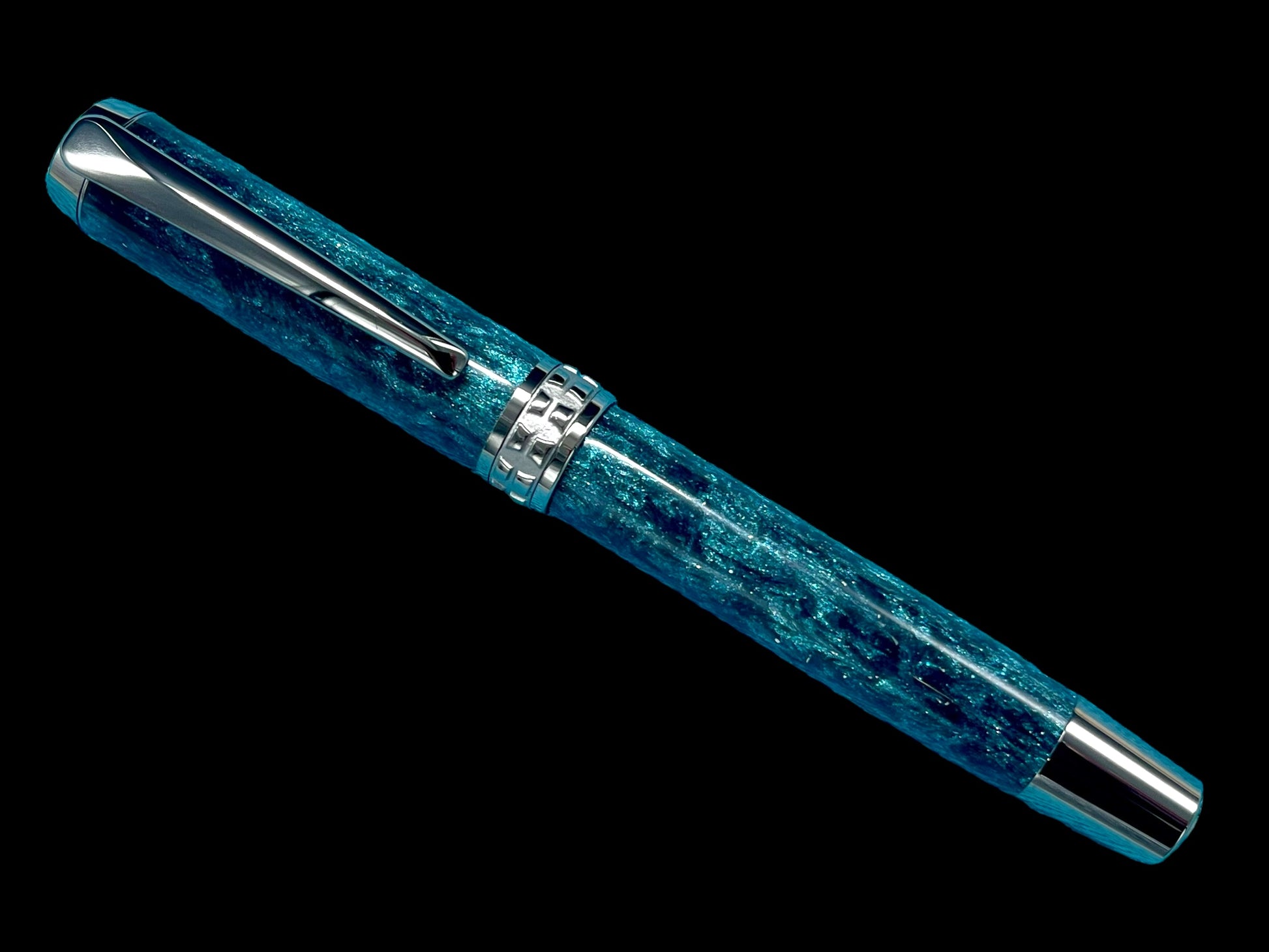 Elegant "Galactic Teal" Handcrafted Black Titanium Fountain Pen. One of a Kind. Handmade in Colorado. Ink, Converter, Sleeve & Box Included. - HighlanderPen