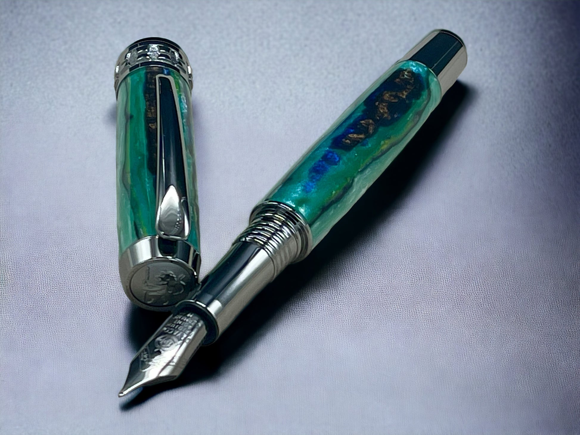 Green Stripe, One of a Kind “SKYE” Black Titanium Handmade Fountain Pen. Artisan Rare & Completely Custom, Handcrafted in Colorado, USA. - HighlanderPen