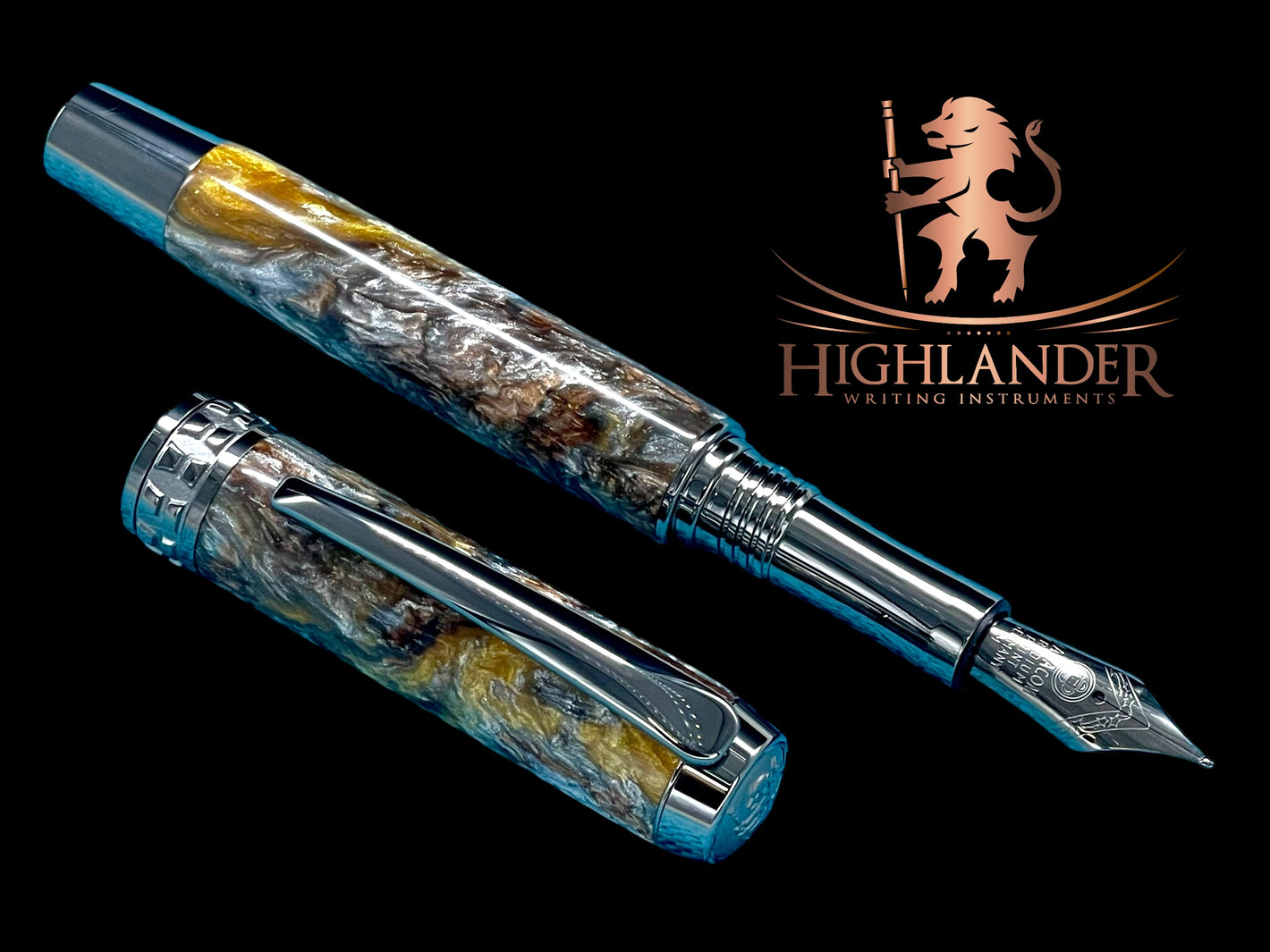 Striking “Molten Metals” Black Titanium Fountain Pen, Artisan, One of a Kind, Handmade in CO. Pen Box, Sleeve, Converter & Ink Included. - HighlanderPen