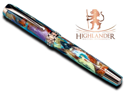 Elegant “Color Splash Acrylic” Rose Gold Fountain Pen, One of a Kind, Handmade in Colorado. Ink, Converter, Pen Sleeve & Box Included. - HighlanderPen