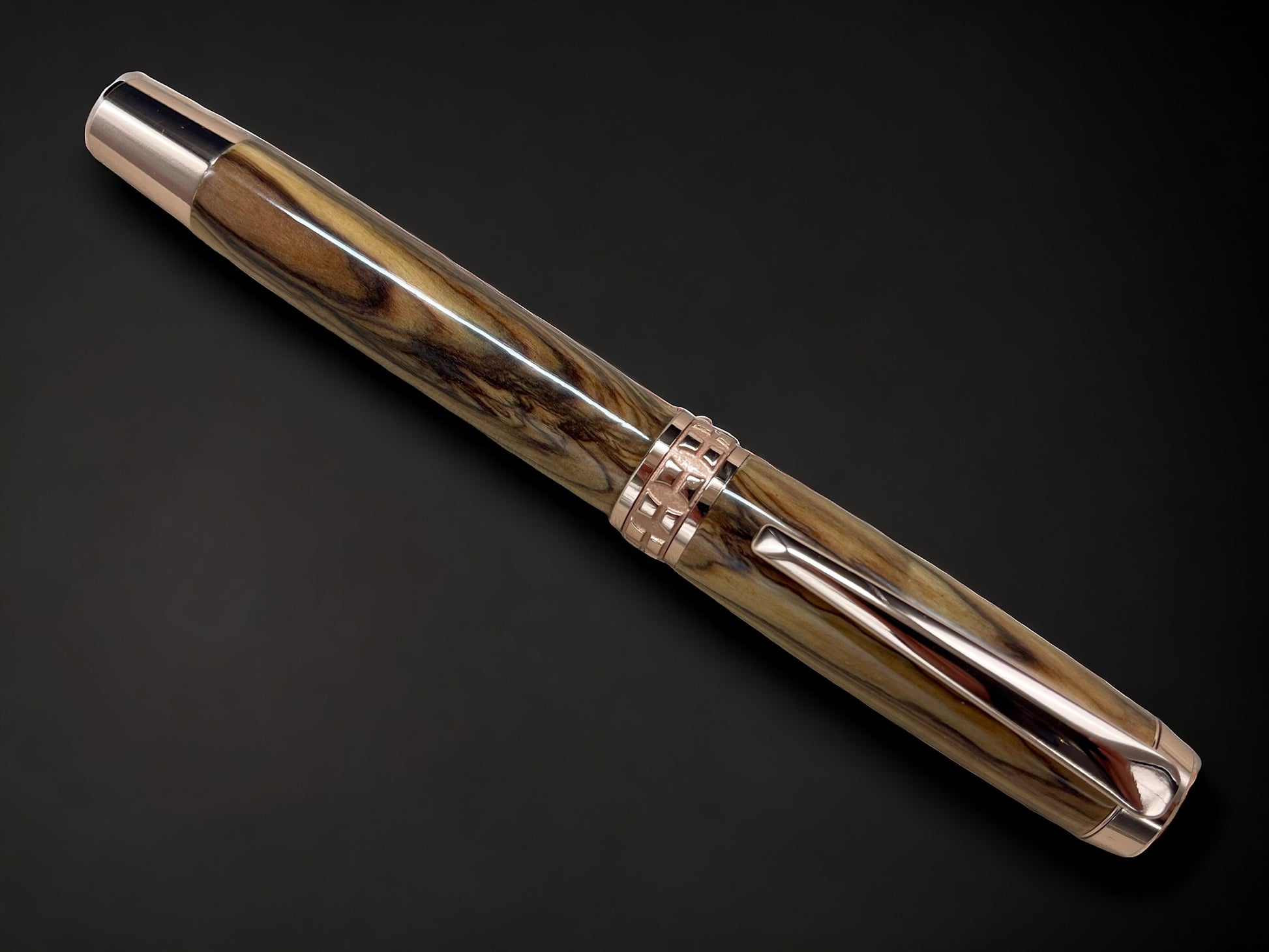 “Bethlehem Olivewood”, Rose Gold Fountain Pen, Artisan Handcrafted Writing Instrument. Simple to Use. Handmade in CO with Custom Hardware. - HighlanderPen