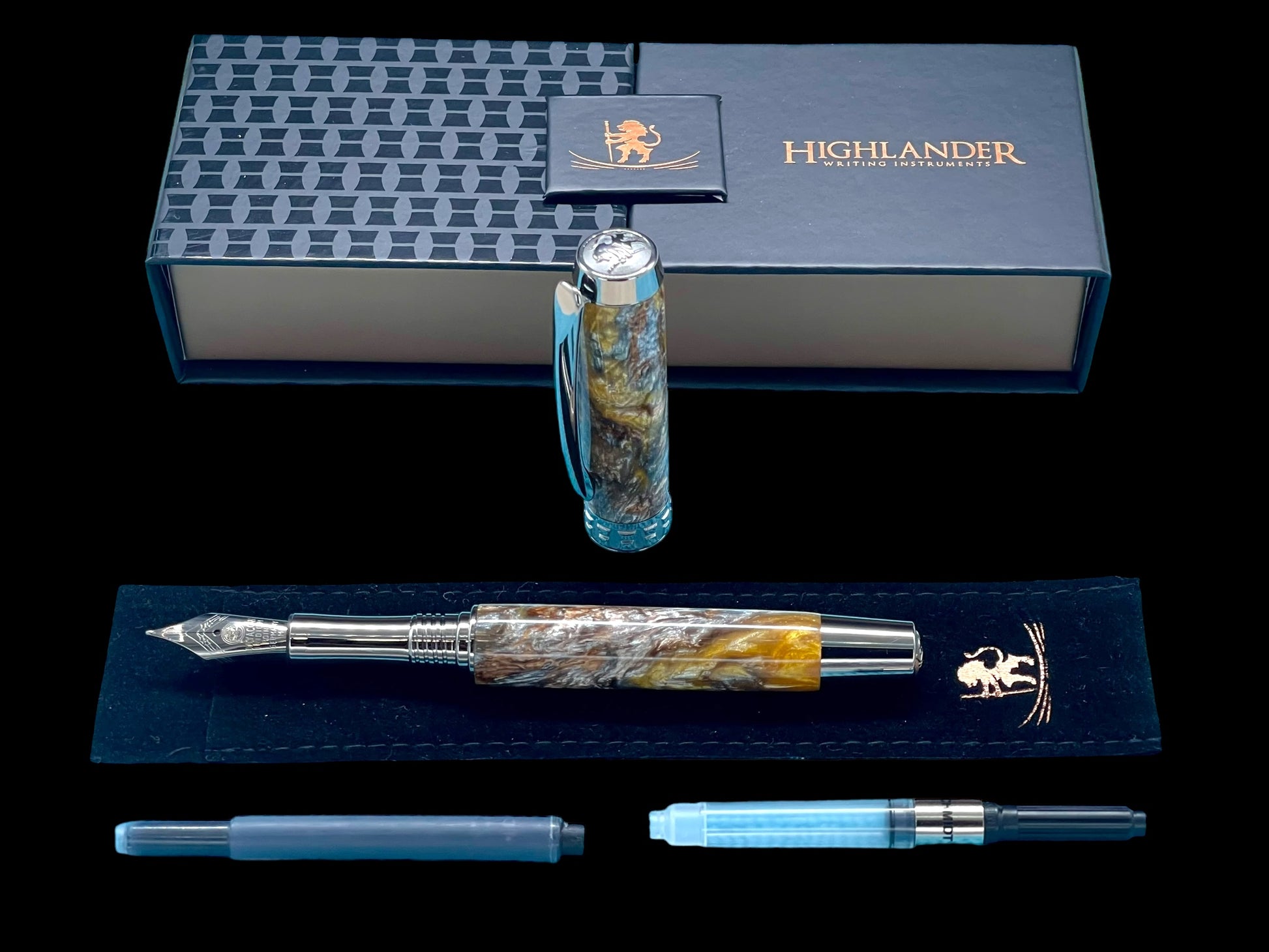 Striking “Molten Metals” Black Titanium Fountain Pen, Artisan, One of a Kind, Handmade in CO. Pen Box, Sleeve, Converter & Ink Included. - HighlanderPen