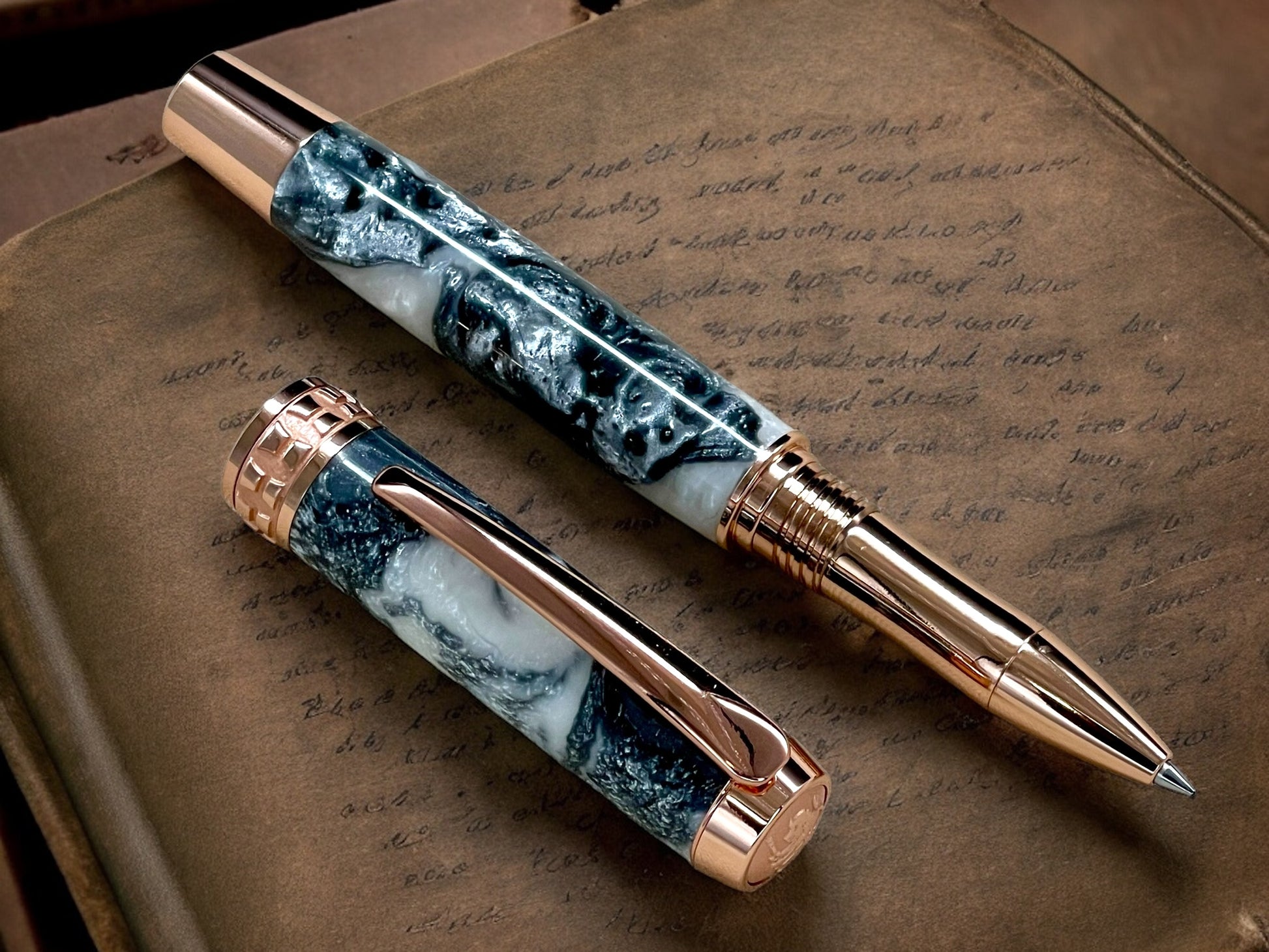 Elegant “Silver Pearl” Rose Gold Acrylic Rollerball Pen, Artisan Handcrafted Writing Instrument. Handmade Custom in Colorado. One of a Kind. - HighlanderPen