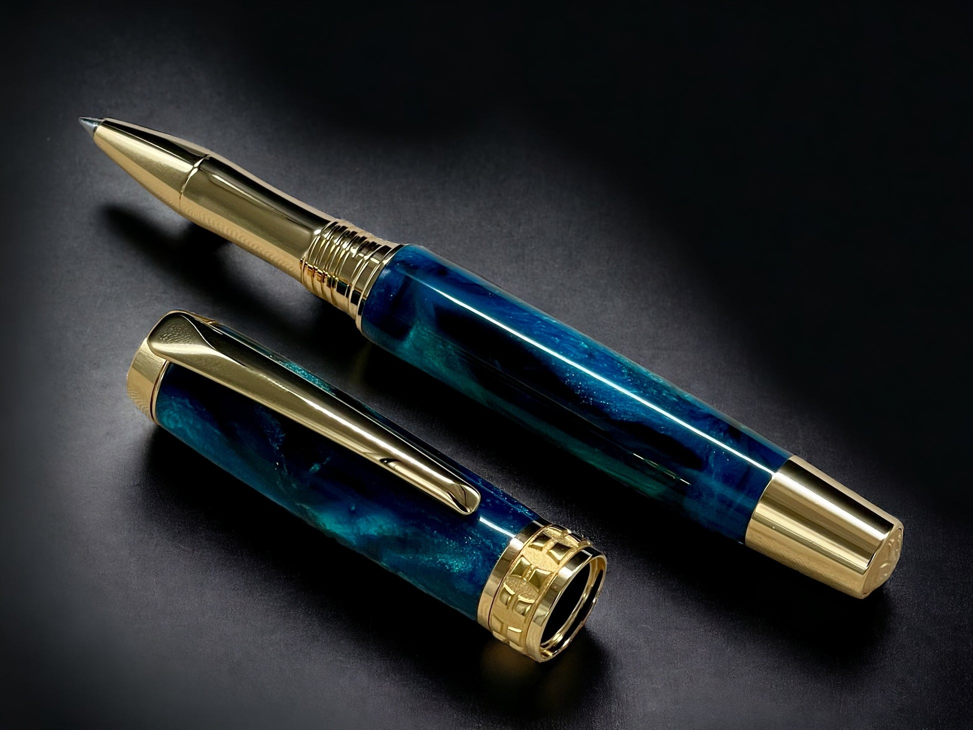 Gold Rollerball Pen, Artisan Handcrafted Writing Instrument. Handmade with Custom Hardware in Colorado. One of a Kind. “Deep Teal” - HighlanderPen