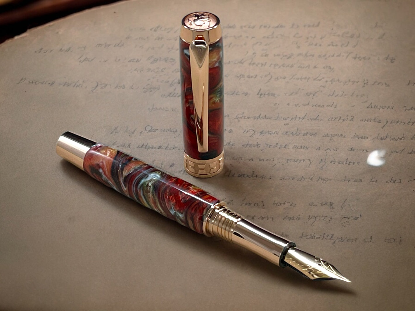 Striking “Italian Sportscar” Rose Gold Fountain Pen, Artisan Handcrafted Writing Instrument. Simple to Use. Handmade Custom in Colorado. - HighlanderPen