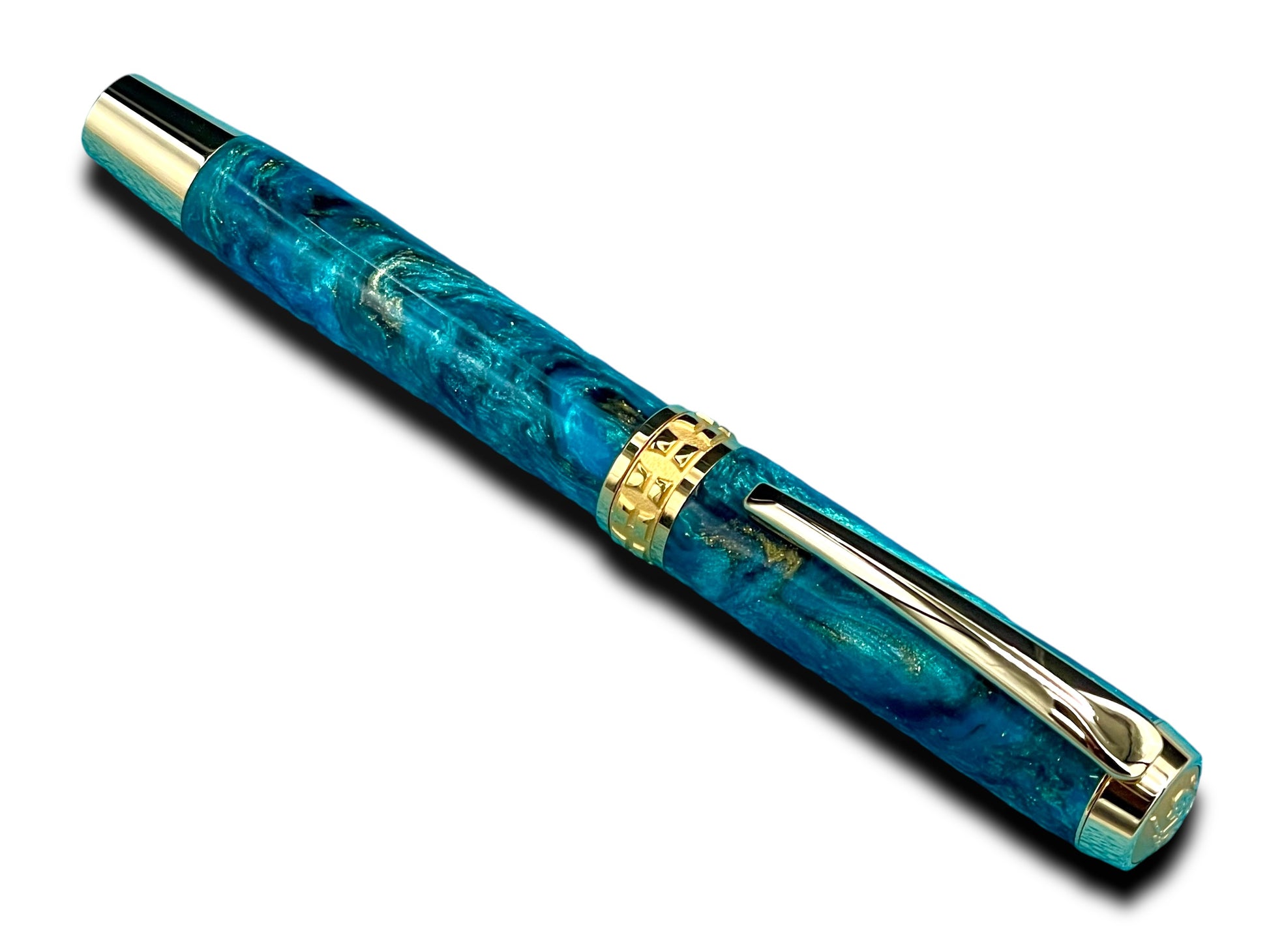 Elegant “Teal/Black/Gold” Handcrafted Luxury Gold Fountain Pen, One of a Kind, Handmade in Colorado. Ink, Converter, Sleeve, & Box Included. - HighlanderPen