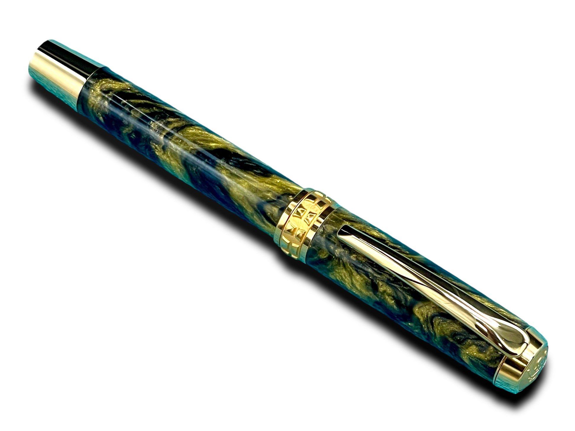 Striking “Black and Gold” Handcrafted Luxury Gold Fountain Pen, One of a Kind, Handmade in Colorado. Ink, Converter, Sleeve, & Box Included. - HighlanderPen