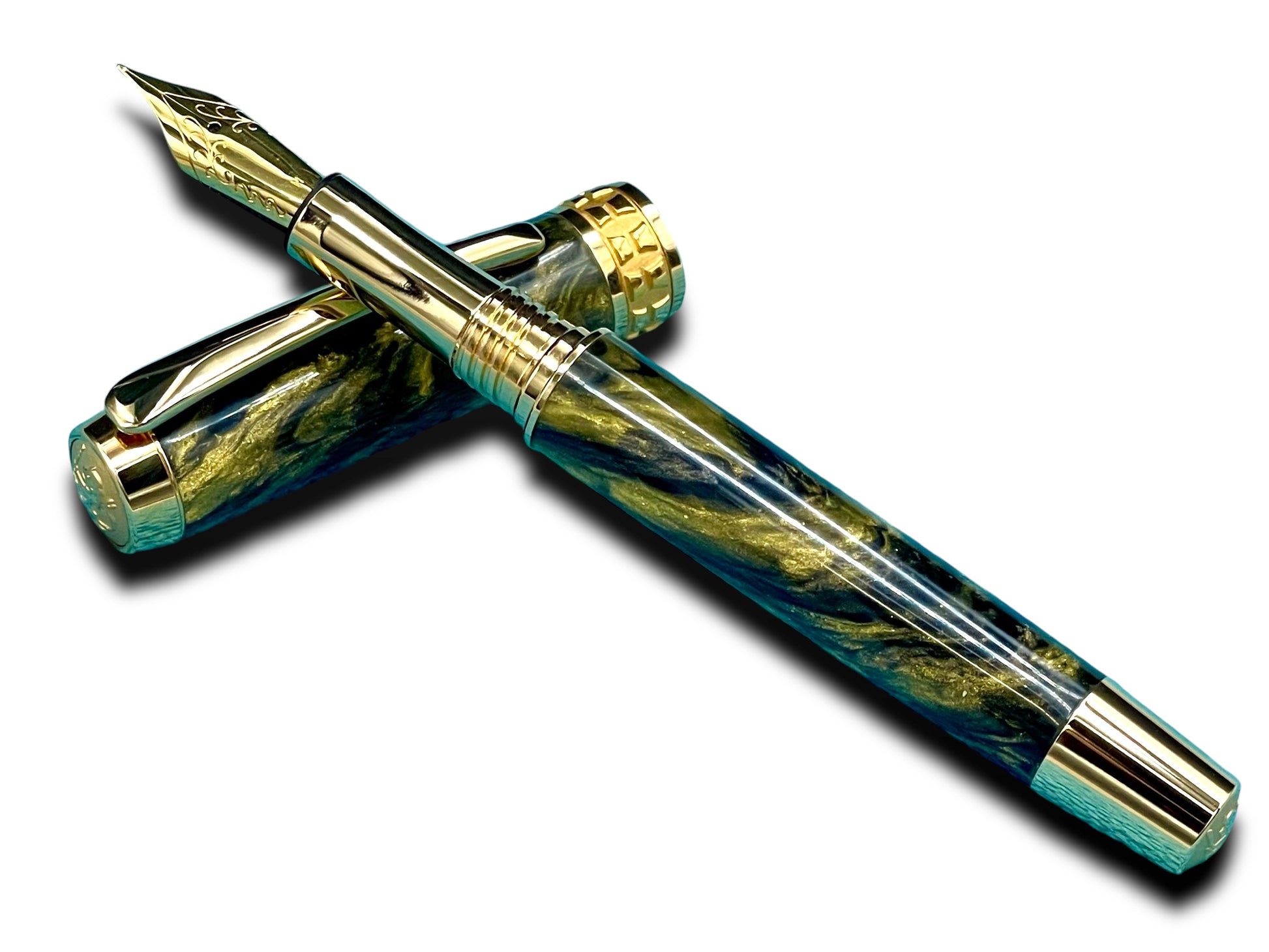 Striking “Black and Gold” Handcrafted Luxury Gold Fountain Pen, One of a Kind, Handmade in Colorado. Ink, Converter, Sleeve, & Box Included. - HighlanderPen