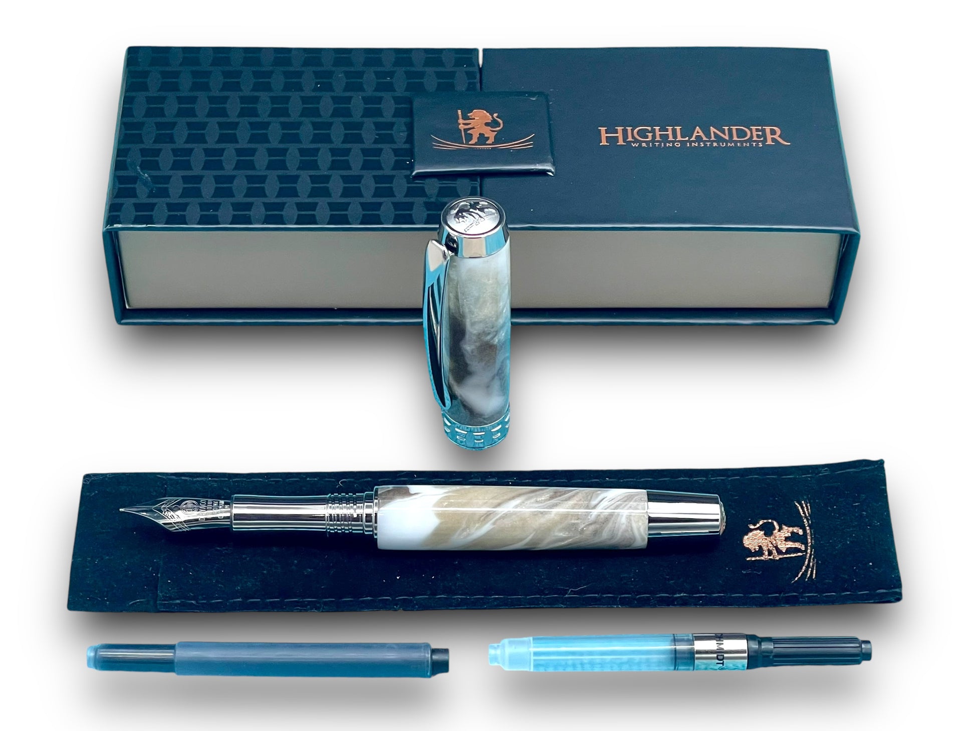 Elegant “Grey Marble” Black Titanium Fountain Pen, Artisan Handcrafted Writing Instrument. Converter, Ink, Sleeve & Box Included. - HighlanderPen