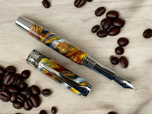 Black Titanium “Caramel Latte” Handmade Fountain Pen, Handcrafted in Colorado. Ink, Converter, Box & Sleeve Included. By Highlander Pen. [ML-FP-1110-01]