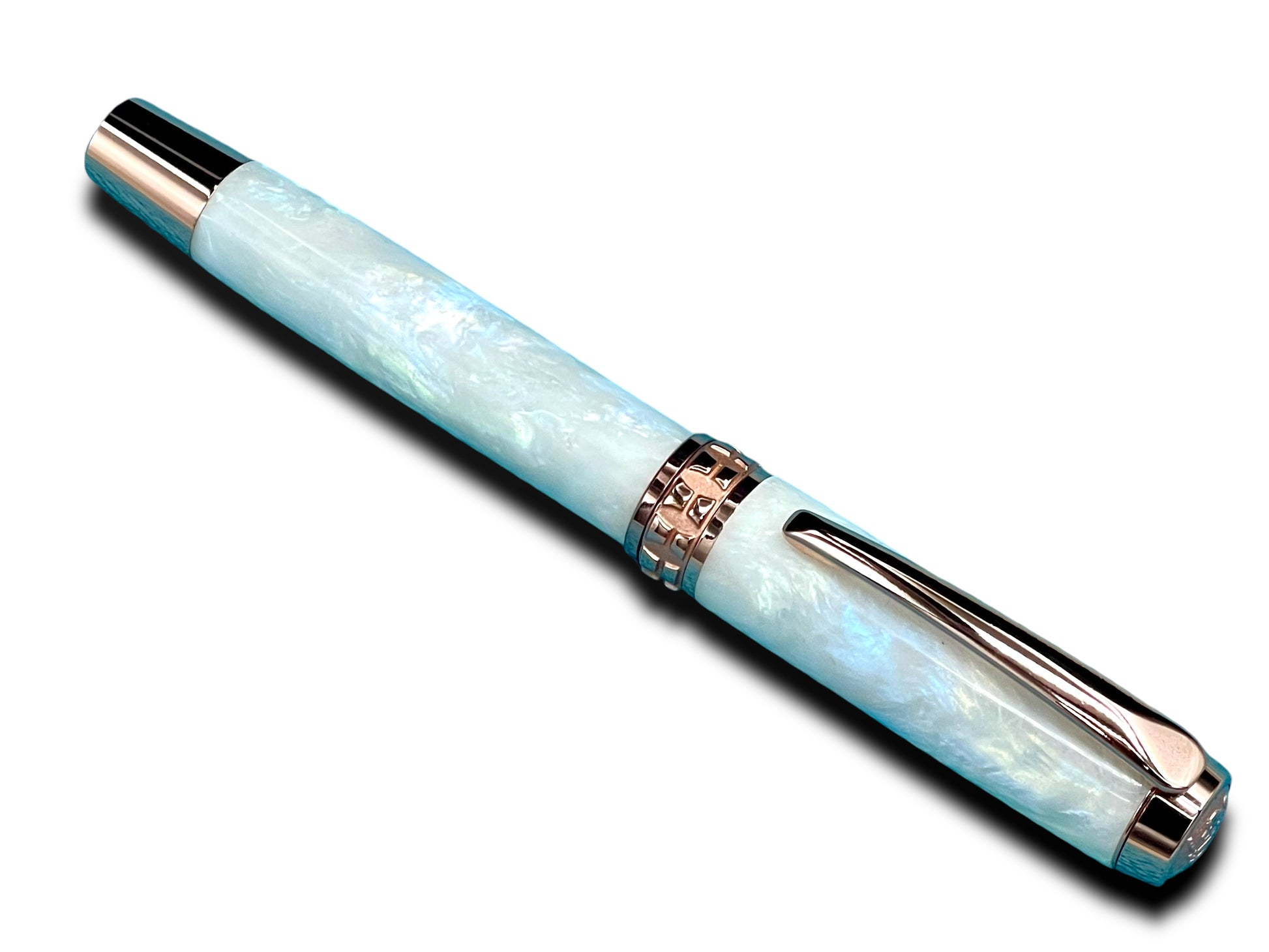 Elegant “Pearly Opal Acrylic” Rose Gold Fountain Pen, One of a Kind, Handmade in Colorado. Ink, Converter, Pen Sleeve & Box Included. - HighlanderPen