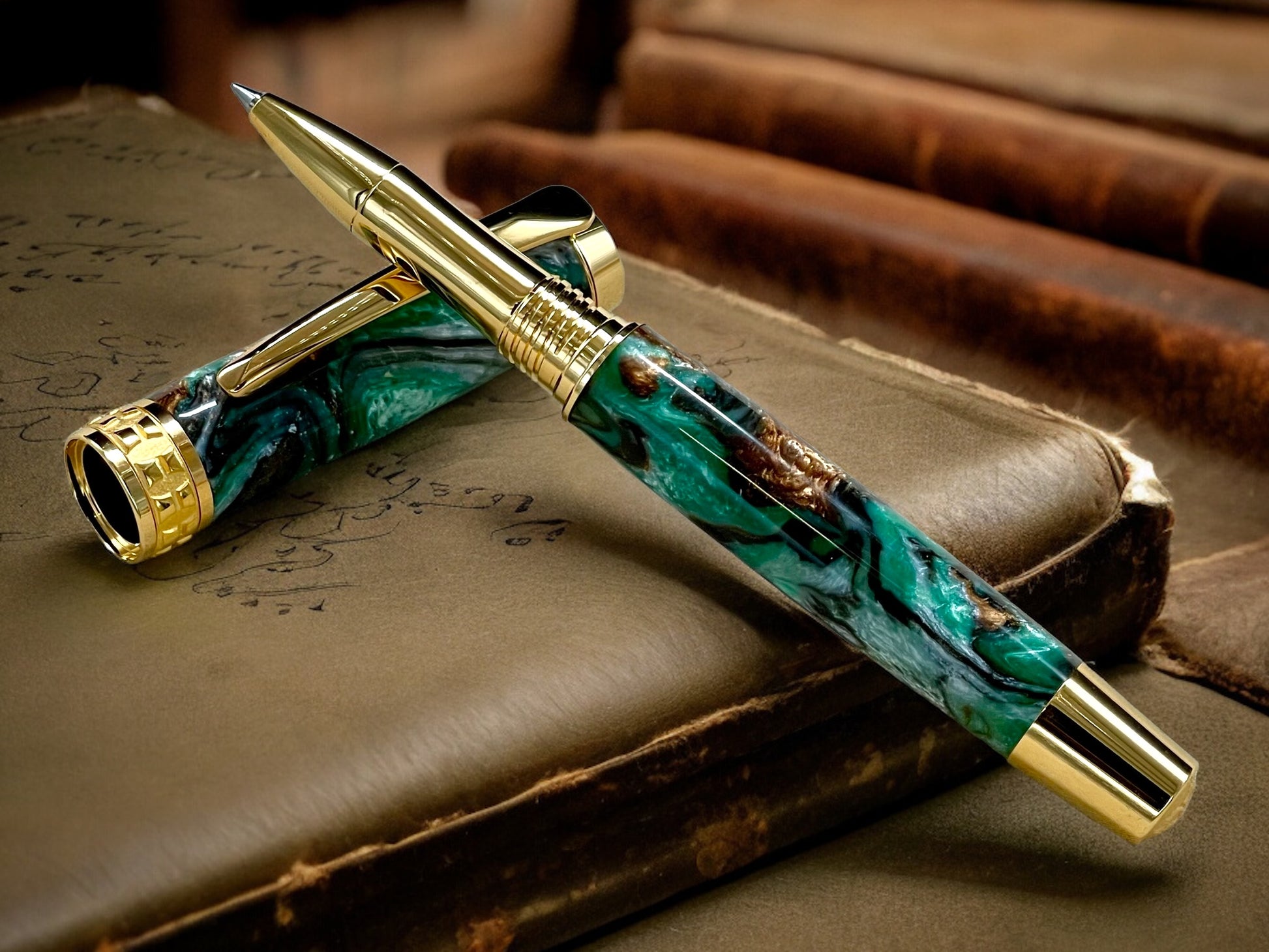 Elegant “Green & Bronze Swirl" Gold Rollerball Pen, Artisan Handcrafted Writing Instrument. Handmade Custom in Colorado. One of a Kind. - HighlanderPen