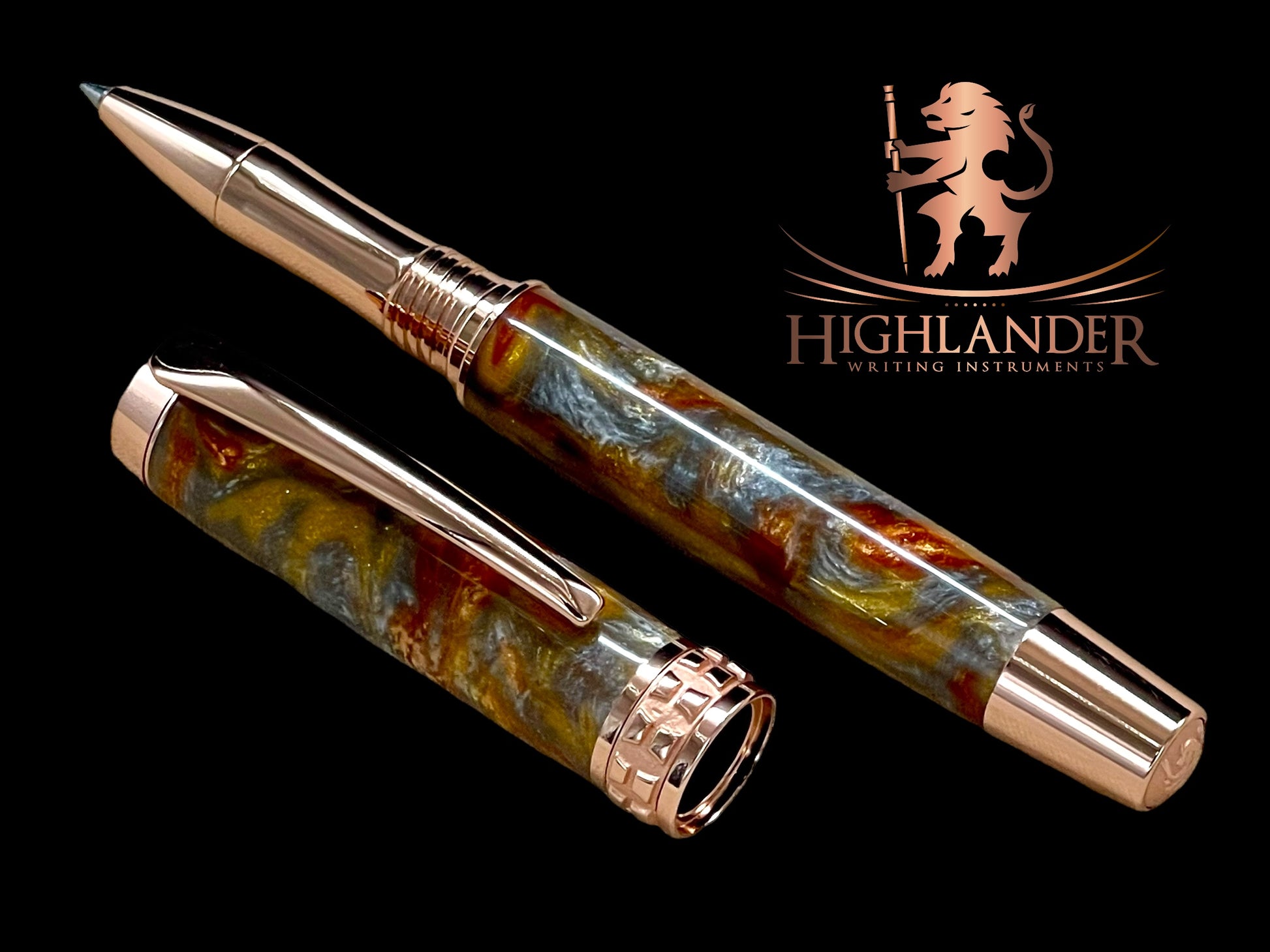 Striking “Molten Metals” Rose Gold Acrylic Rollerball Pen, Artisan Handcrafted Writing Instrument. Handmade Custom in CO USA. One of a Kind. - HighlanderPen