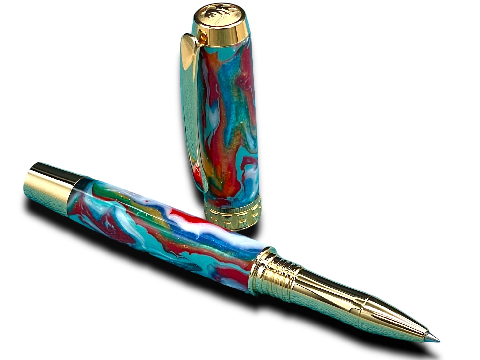 Whimsical “Color Explosion” Handcrafted Gold Rollerball Pen, One of a Kind, Handmade in Colorado. Ink, Velvet Sleeve, and Pen Box Included. - HighlanderPen