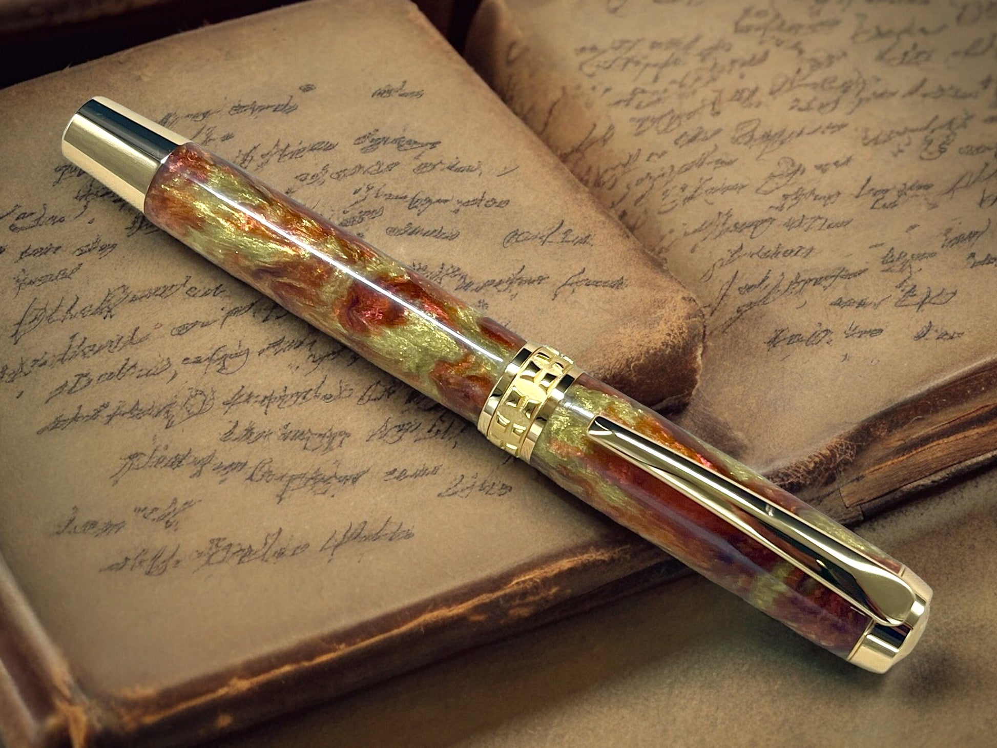 Striking “Blood Orange & Gold" Gold Rollerball Pen, Artisan Handcrafted Writing Instrument. Handmade Custom in Colorado. One of a Kind. - HighlanderPen