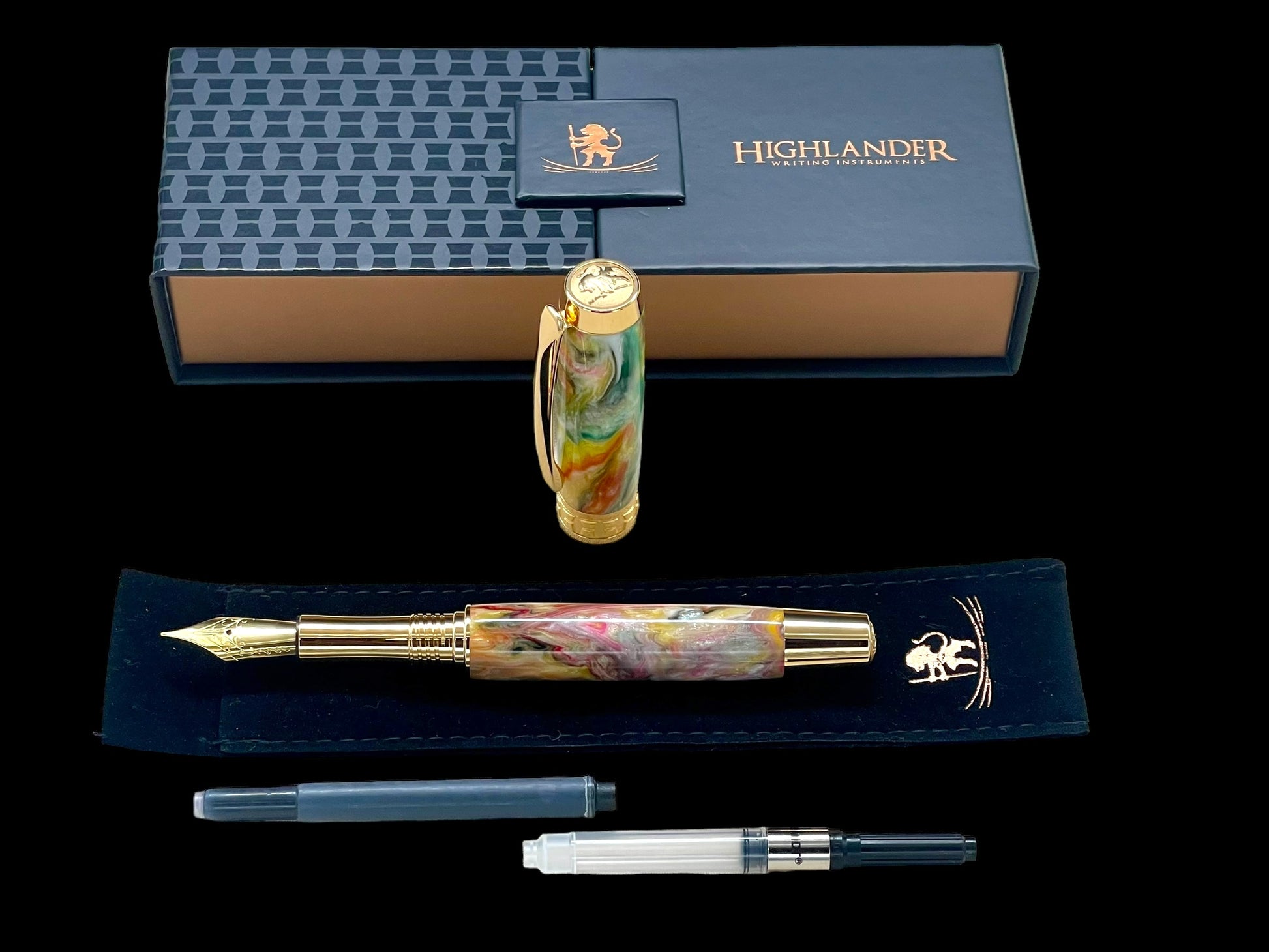 Handcrafted Luxury Gold Fountain Pen, One of a Kind, Handmade in Colorado with Premium Hardware. Ink, Converter, Sleeve, and Box Included. - HighlanderPen