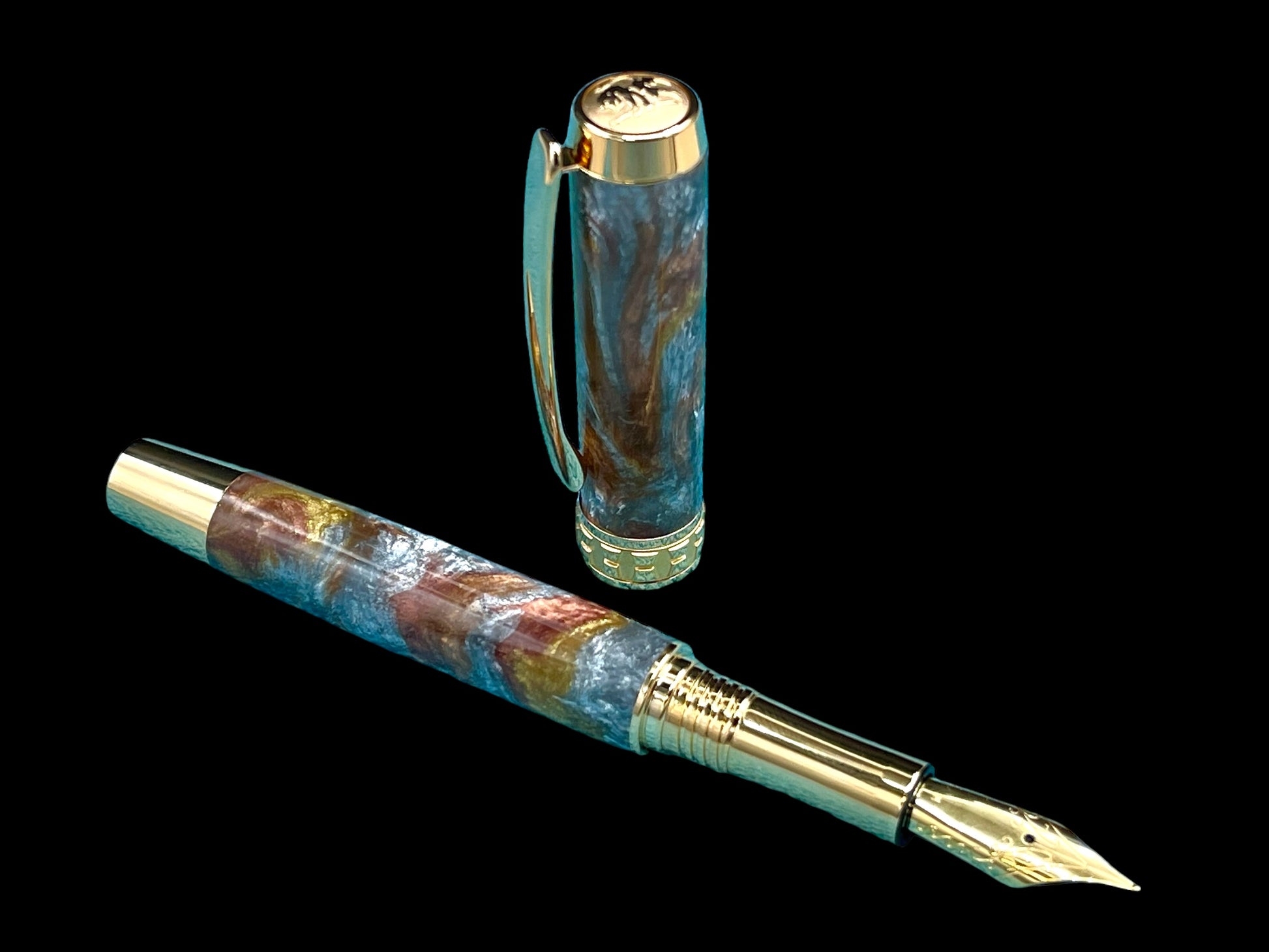 Striking “Molten Metals” Handcrafted Luxury Gold Fountain Pen, One of a Kind, Handmade in CO. Ink, Converter, Sleeve, & Box Included. - HighlanderPen