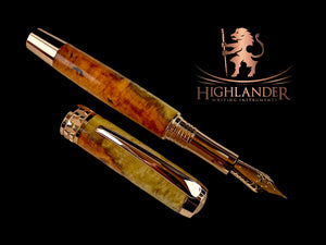 Red Gold Extraordinary Amboyna Handmade Fountain Pen, Handcrafted by Highlander Pen in Colorado. Ink, Converter, Pen Sleeve & Box Included. [ML-FP-1220-01]