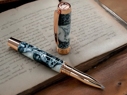 Elegant “Silver Pearl” Rose Gold Acrylic Rollerball Pen, Artisan Handcrafted Writing Instrument. Handmade Custom in Colorado. One of a Kind. - HighlanderPen