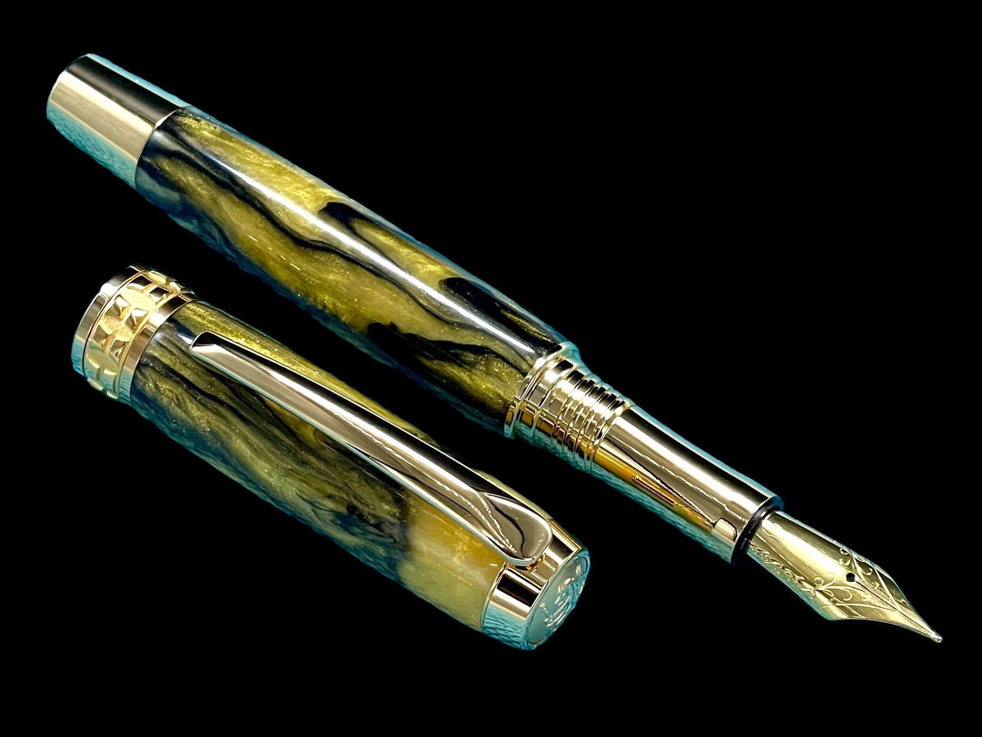 Striking “Gold and Black” Handcrafted Luxury Gold Fountain Pen, One of a Kind, Handmade in Colorado. Ink, Converter, Sleeve, & Box Included. - HighlanderPen