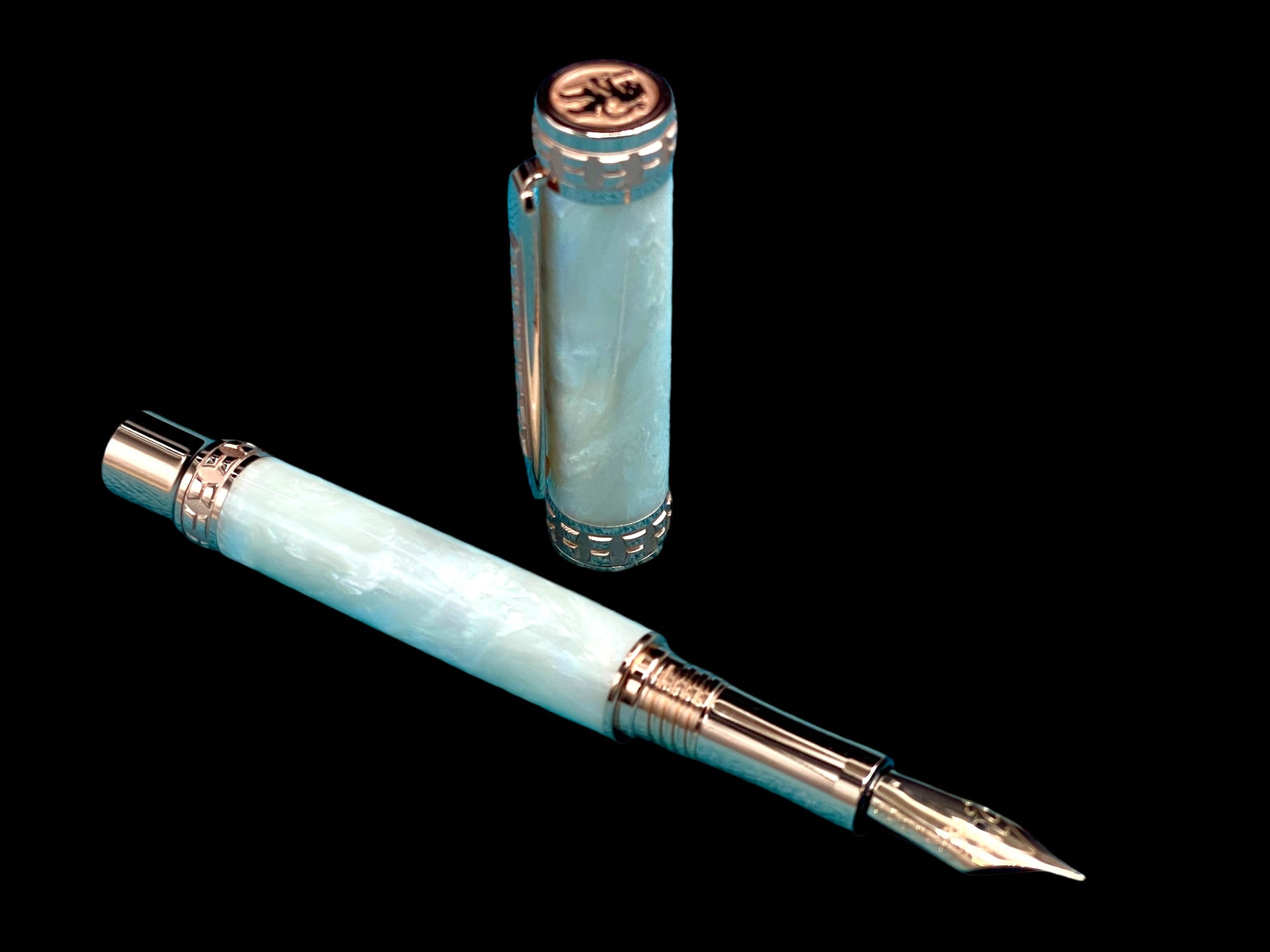 Highlander Edinburgh “Pearly Opal” Rose Gold Fountain Pen, One of a Kind, Handcrafted in CO. Ink, Converter, Pen Sleeve, & Box Included. - HighlanderPen